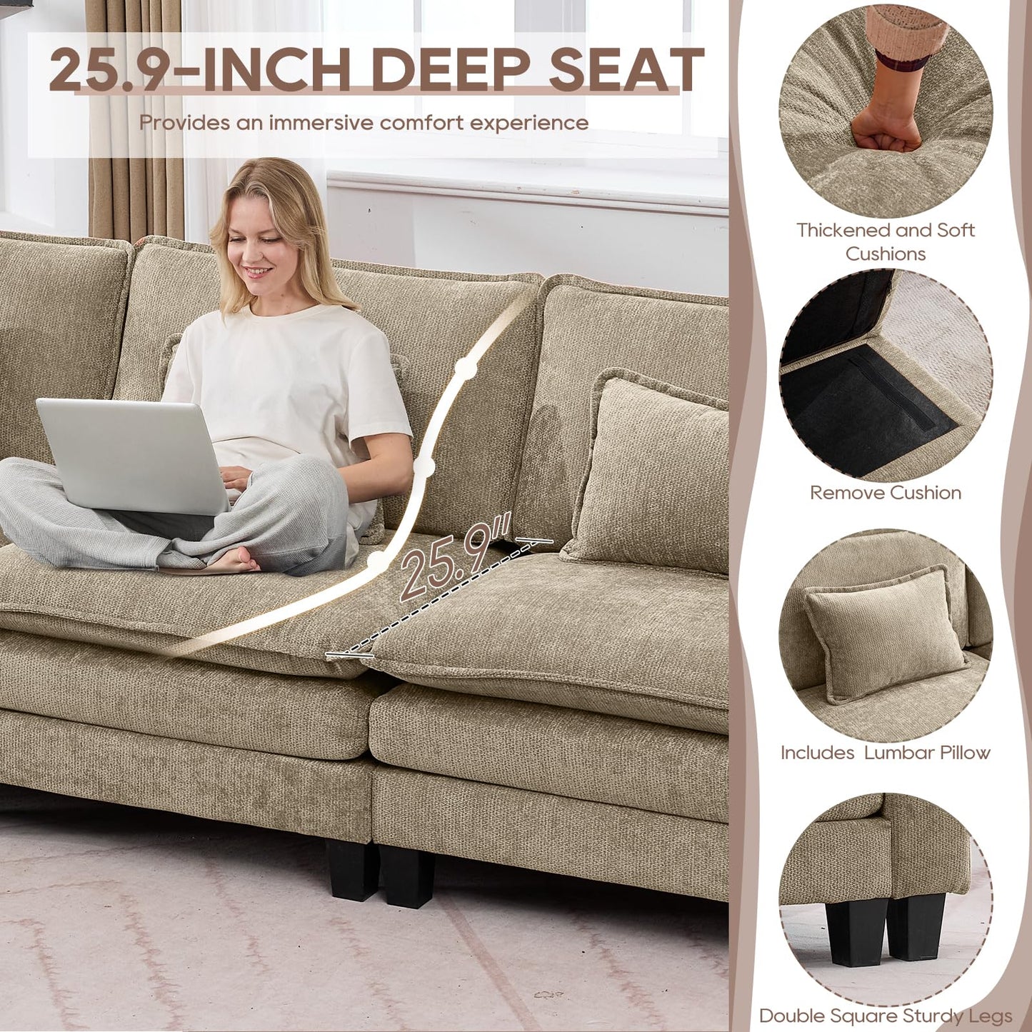 IPKIG 117" Modular Sectional Sofa, Chenille U-Shaped Sectional Couch Comfy Upholstered 3 Seat Sofa with 2 Ottoman, Deep Seat Cloud Couch Sofa for Living Room, Khaki