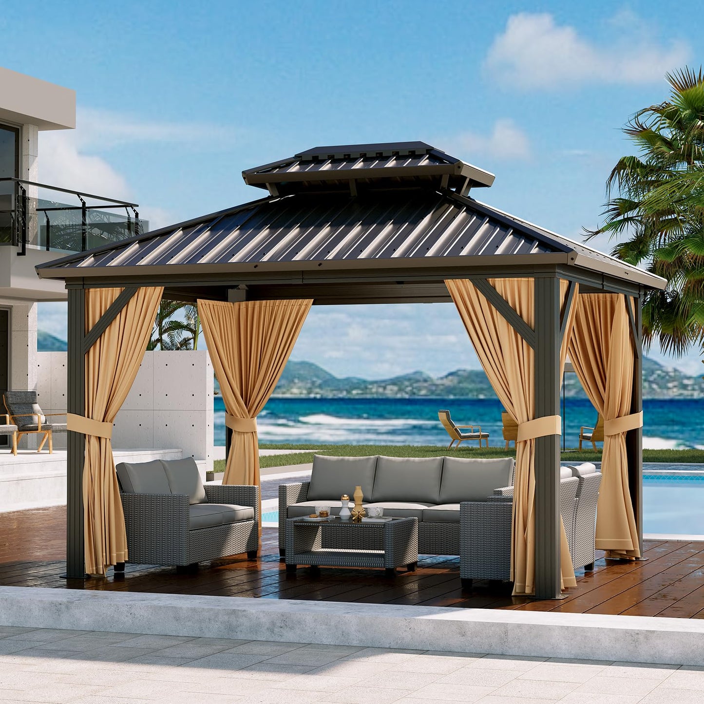 12'x10' Hardtop Gazebo, Heavy Duty Aluminum Permanent Hardtop Gazebo Outdoor Pavilion with Curtains and Netting for Garden
