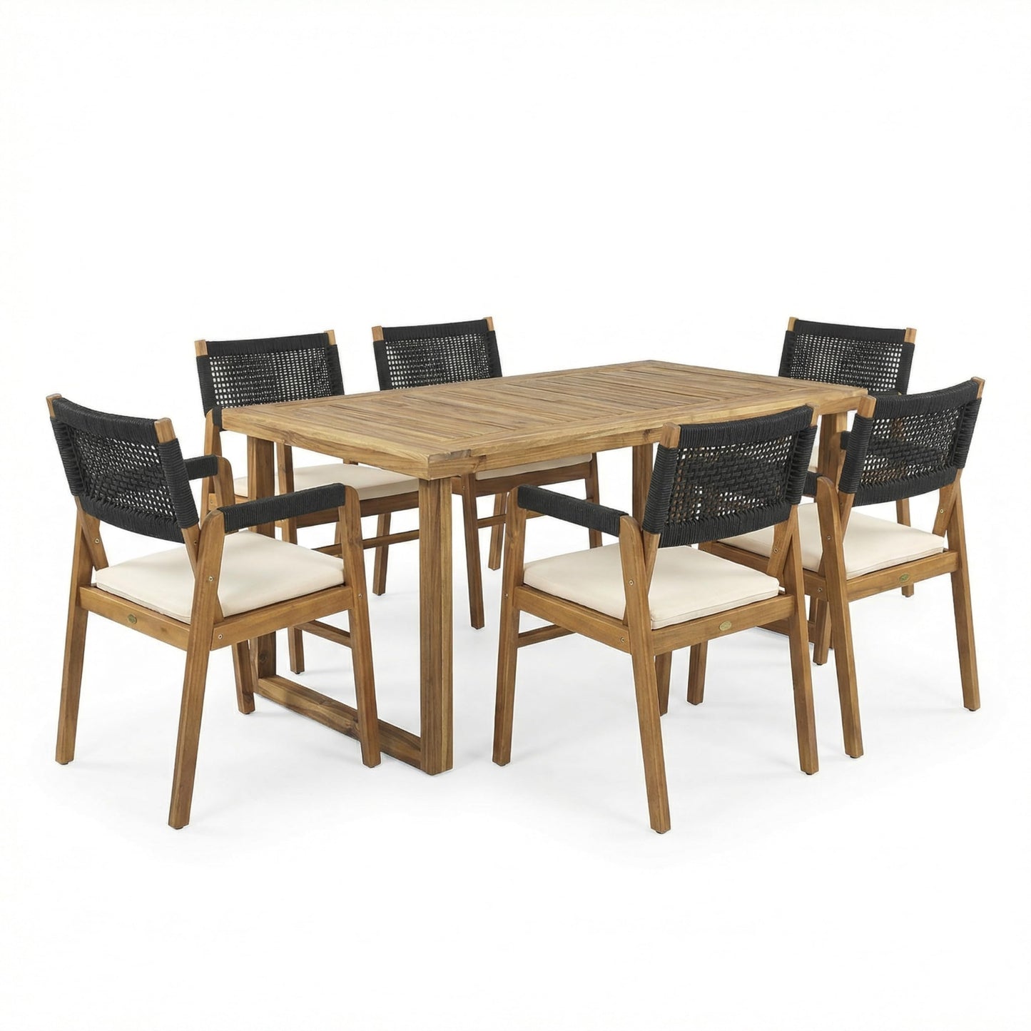 Christopher Knight Home Terry Acacia Wood Patio Dining Set for 6, Solid Wood Outdoor Dining Table Set for 6, 7 Piece Outdoor Dining Set with Rectangular Table and Woven Rope Accents, Teak+Beige+Black