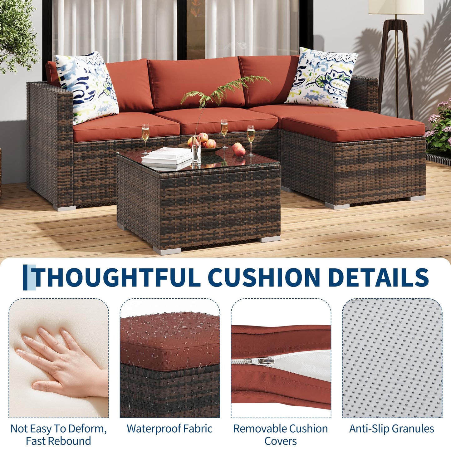 MilleLoom 5-Piece Outdoor Sectional Sofa Set, All-Weather PE Rattan Patio Furniture with Ottoman & Tempered Glass Table, Convertible Garden Couch for Backyard, Porch, Poolside (Brown/Wine Red)