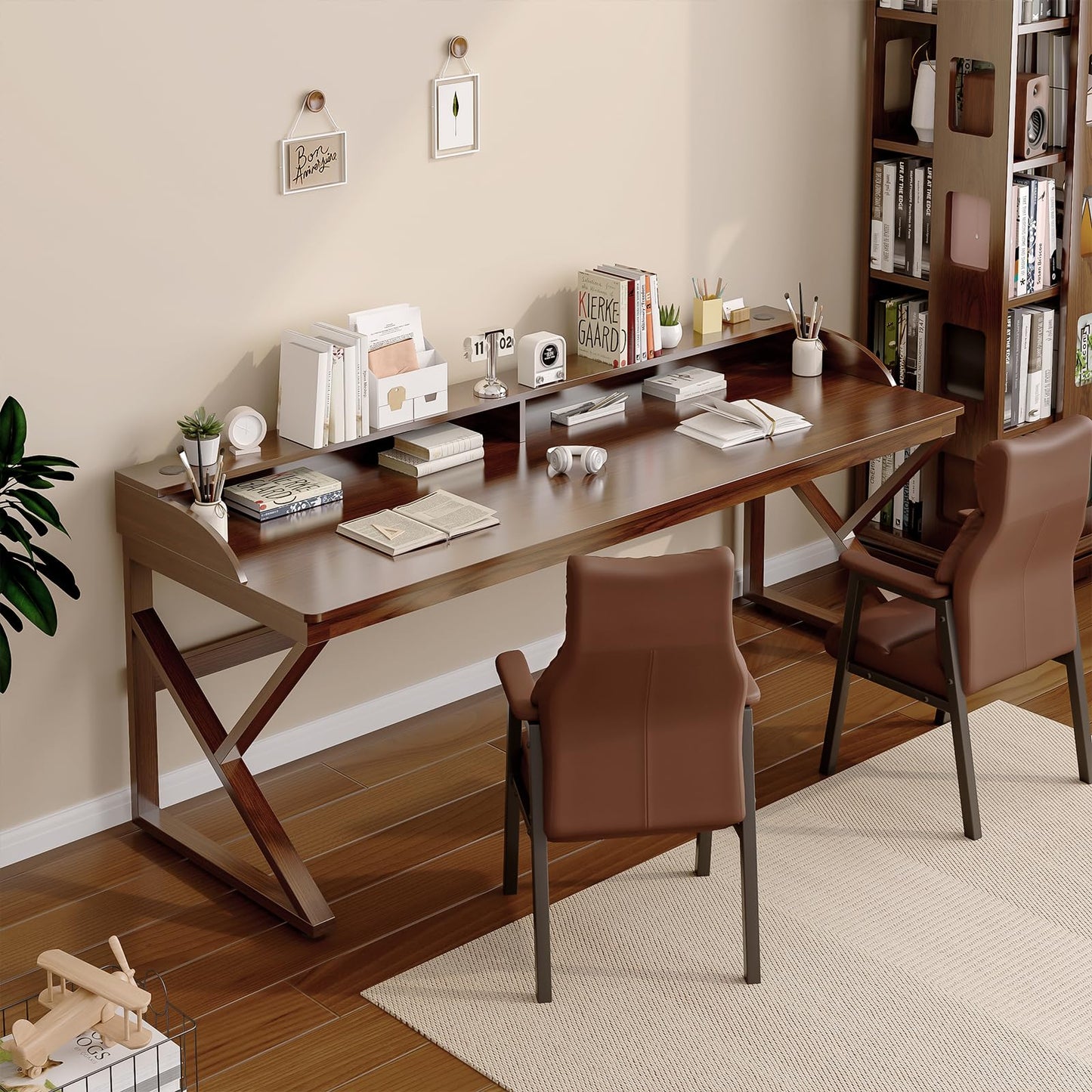 OSCHF Long Desk with Monitor Stand - 71" Double Long Computer Table for 2-Person Workstation, Large Writing Study Work Desk for Home and Office, Walnut