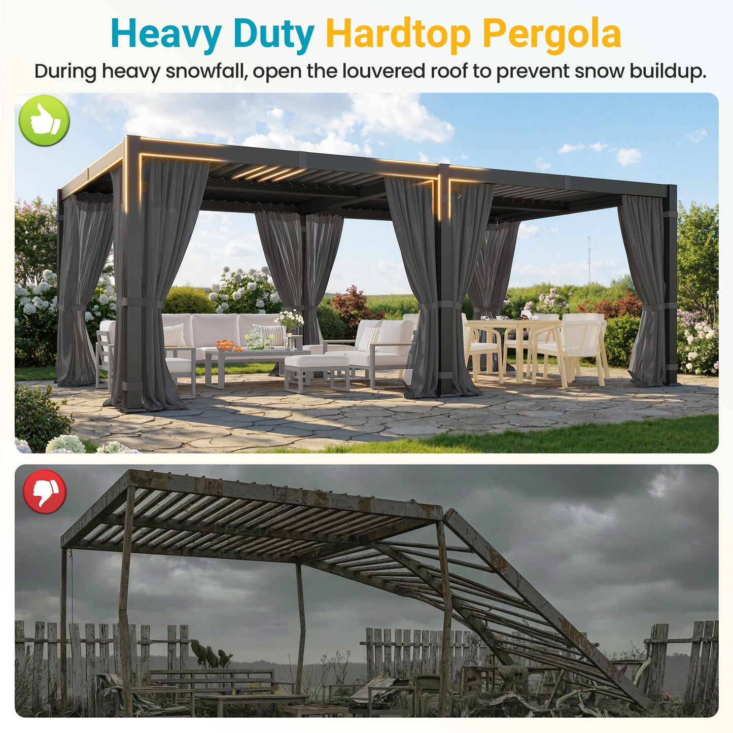 12' x 20' Louvered Pergola, Outdoor Pergola with Curtains & Netting, Metal Patio Pergola with Adjustable Louvers Roof and Gutter System, Metal Hardtop Gazebo for Patio, Deck, Garden, Yard, Dark Gray
