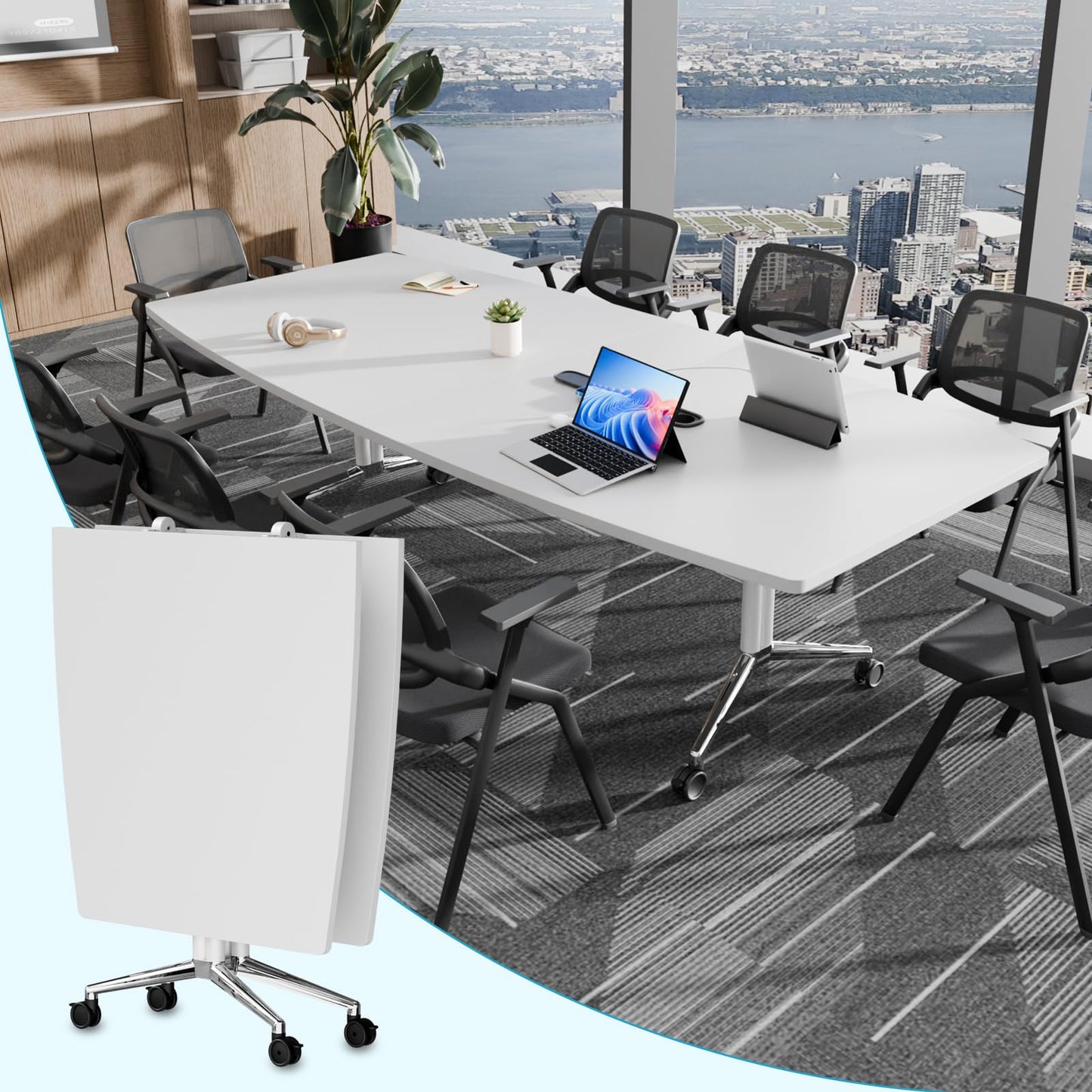 7.5 FT Large Folding Conference Table,Training Seminar Tables for 6-8 People,Built-in Wireless Charger and Power Box,Metal Legs Rolling Training Table for Office (1, White, 90.5"L×35.4“W×29.5"H)