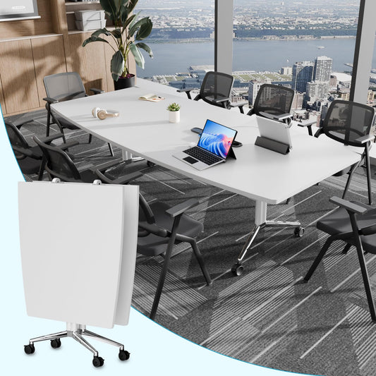 7.5 FT Large Folding Conference Table,Training Seminar Tables for 6-8 People,Built-in Wireless Charger and Power Box,Metal Legs Rolling Training Table for Office (4, White, 90.5"L×35.4“W×29.5"H)