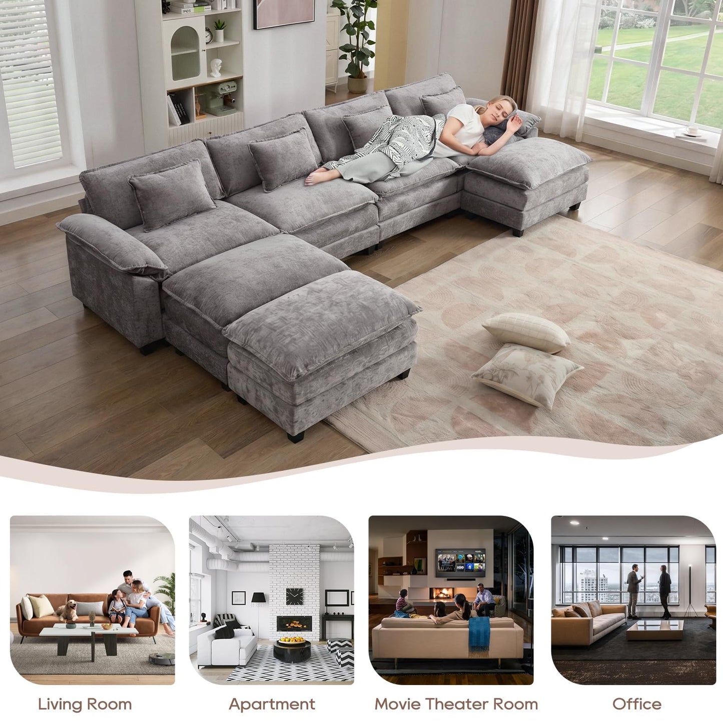 IPKIG 154" Modular Sectional Sofa, Chenille C-Shaped Sectional Couch Comfy Upholstered Seat Sofa with Ottoman, Deep Seat Cloud Couch Sofa for Living Room, Light Grey