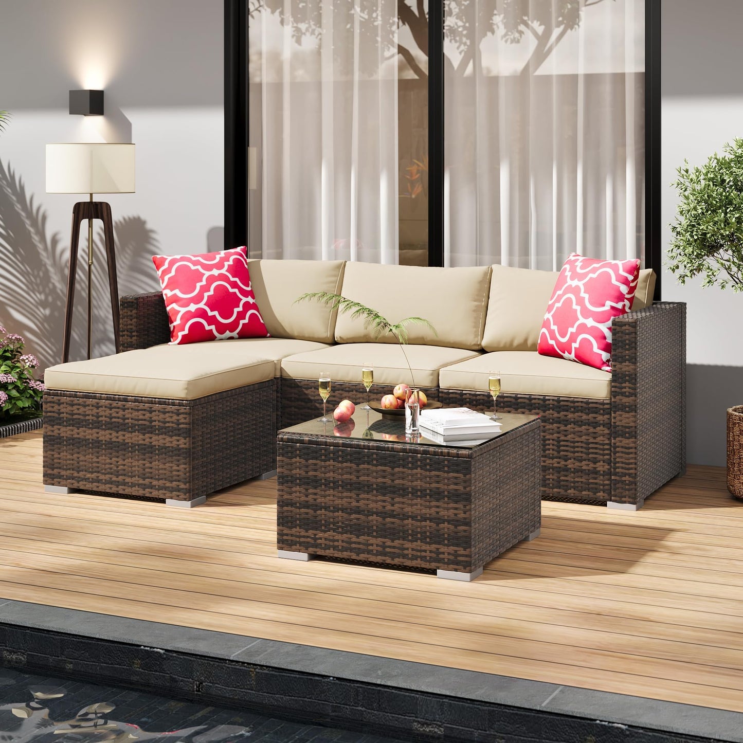 GAOMON 5-Piece All-Weather Patio Furniture Set, Convertible Outdoor Sectional Sofa with Ottoman & Tempered Glass Table, PE Rattan Conversation Set for Garden, Backyard, Porch, Poolside