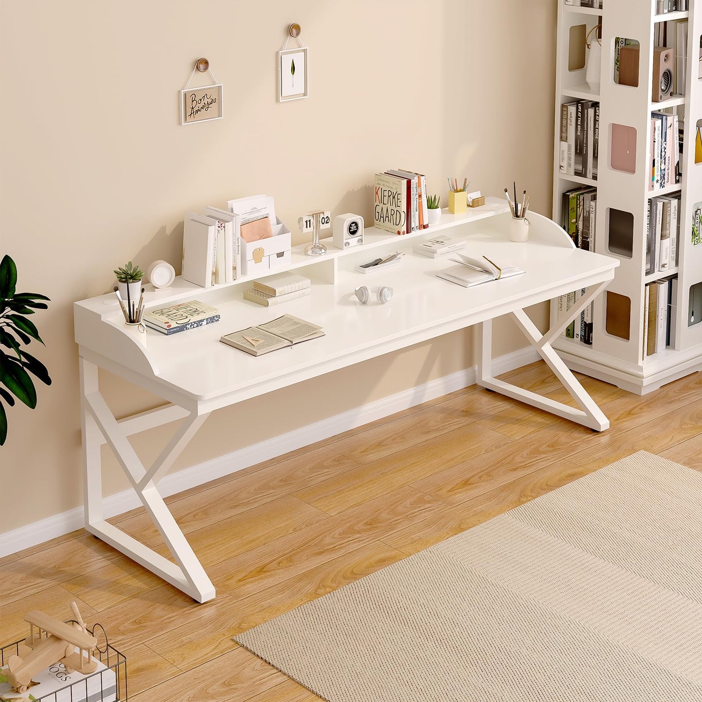 OSCHF Long Desk with Monitor Stand - 71" Double Long Computer Table for 2-Person Workstation, Large Writing Study Work Desk for Home and Office, White