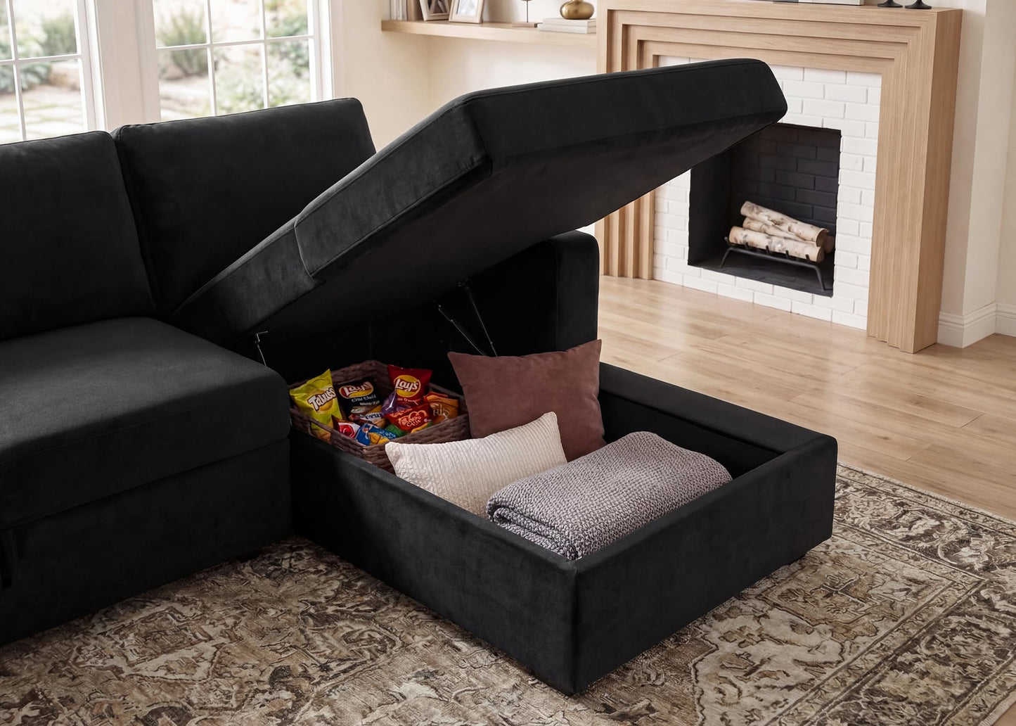 HONBAY Sectional Sleeper Sofa with Pull-Out Bed Storage Chaise, 6 Seater Couch for Living Room, Black