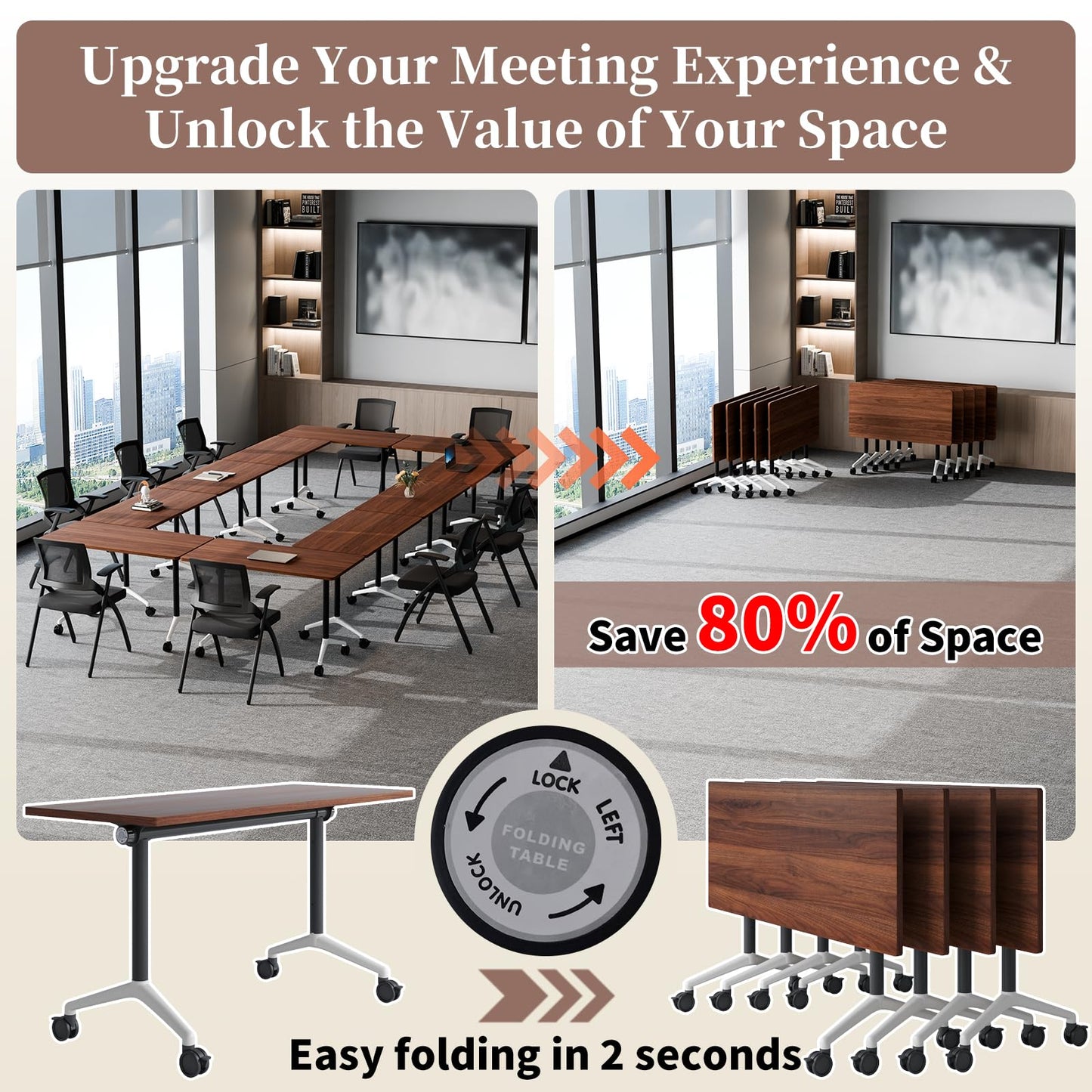 Modular Folding Conference Table with Wheels,4 Pack Mobile Conference Room Tables,Filp Top Rolling Meeting Training Tables for Office,Classroom,Library,Seminar,Boardroom,school(4pack,Walunt,47in)