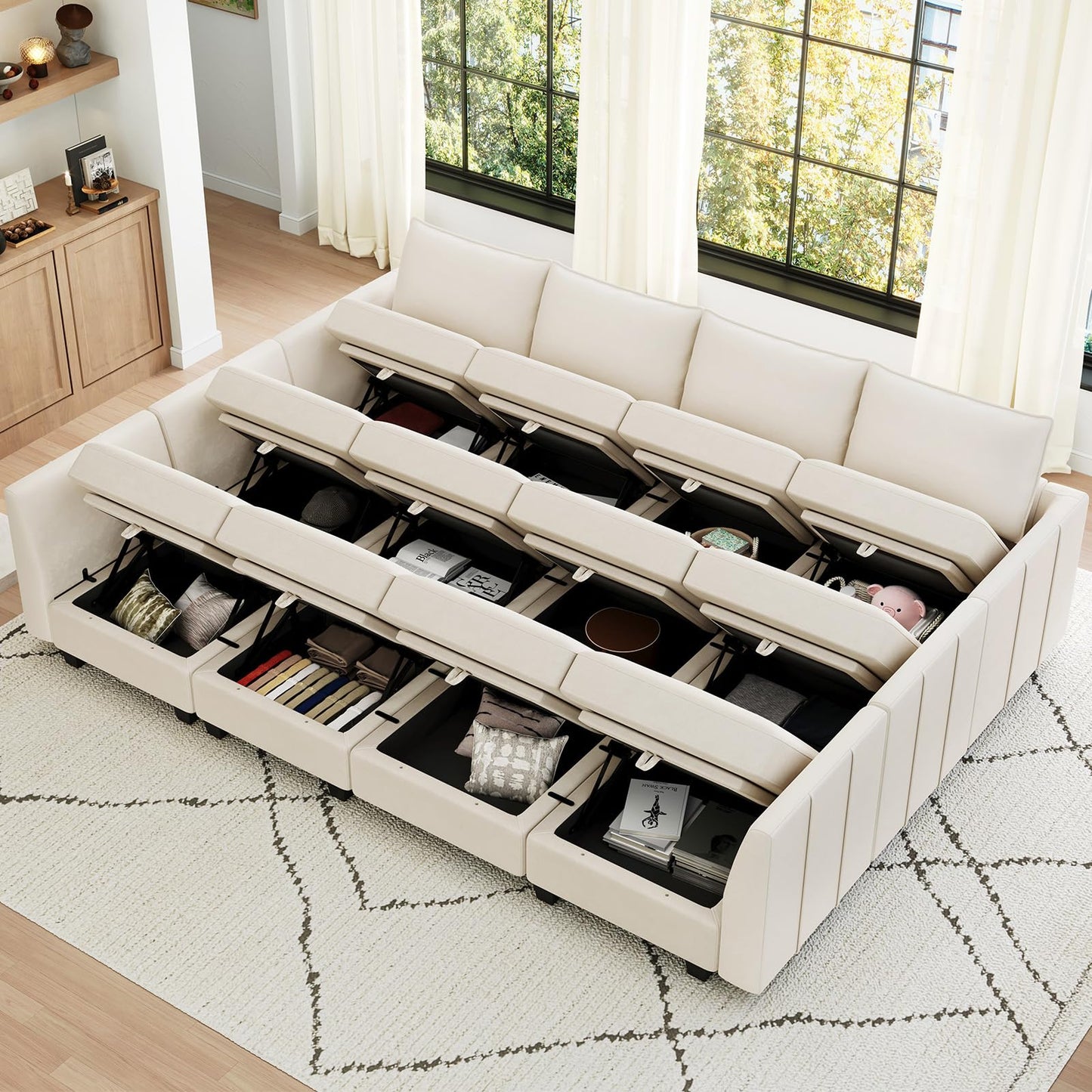Belffin Oversized Modular Sectional Couch Sleeper Sofa with Storage Velvet Sectional Sofa Bed for Living Room, 12 Seats, Beige