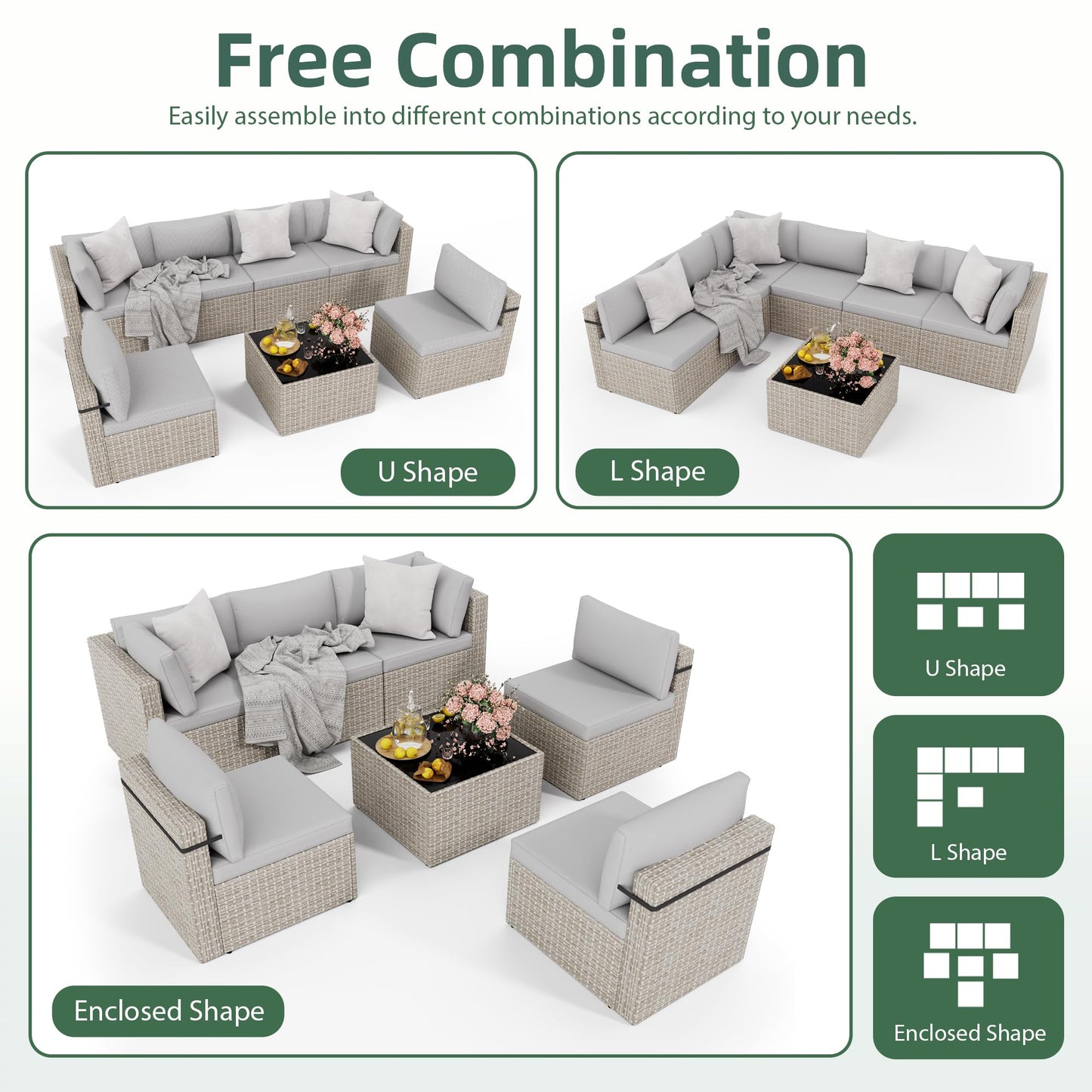 PATIOPIA 7-Piece Outdoor Sectional Sofa Set, Weather-Resistant Patio Furniture Set with Washable Cushions and Coffee Table, Grey Rattan Patio Conversation Set for Poolside, Backyard, Deck (Grey)