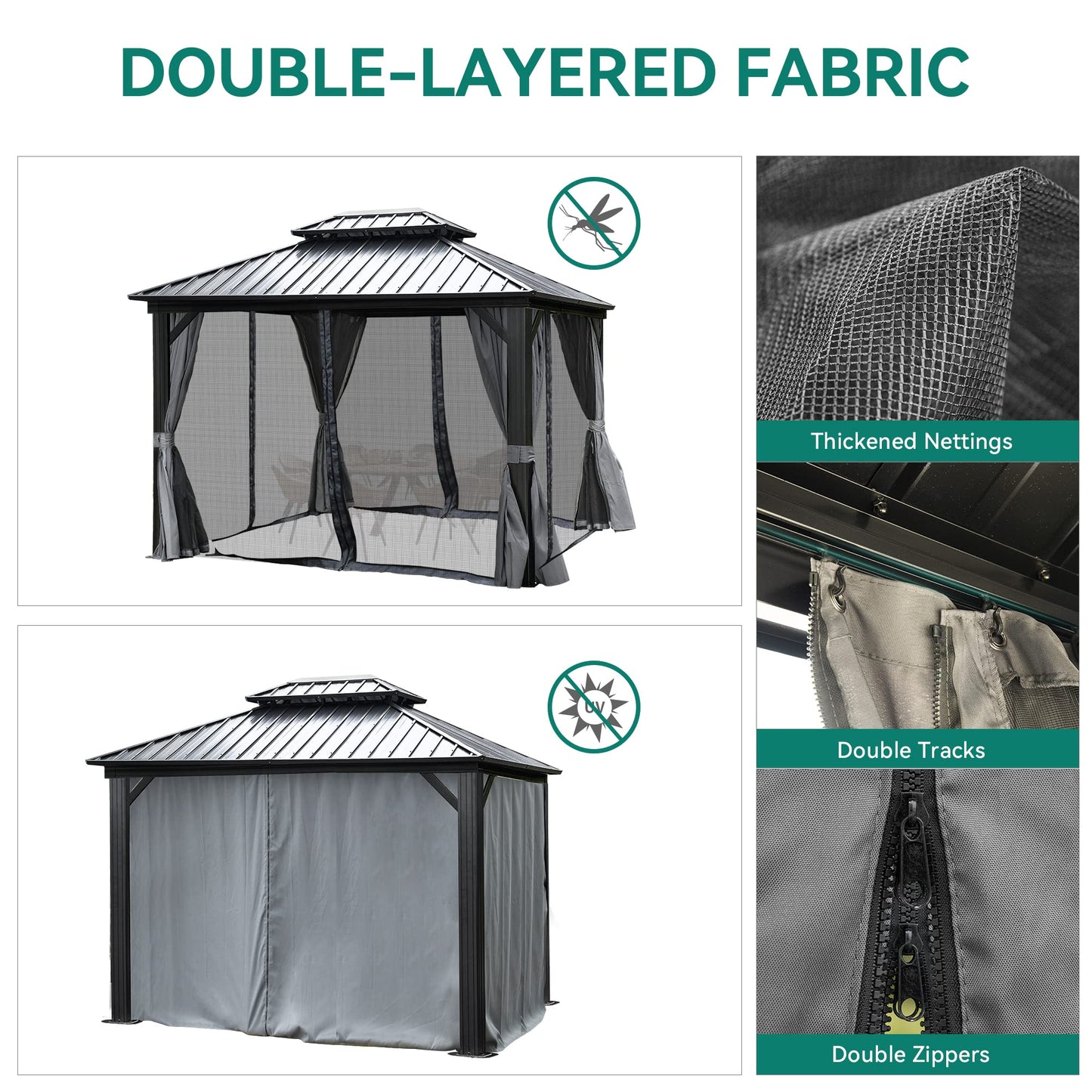 YITAHOME 10x12ft Gazebo Hardtop with Nettings and Curtains, Heavy Duty Double Roof Galvanized Steel Outdoor Combined of Vertical Stripes Roof for Patio, Backyard, Deck, Lawns, Gray