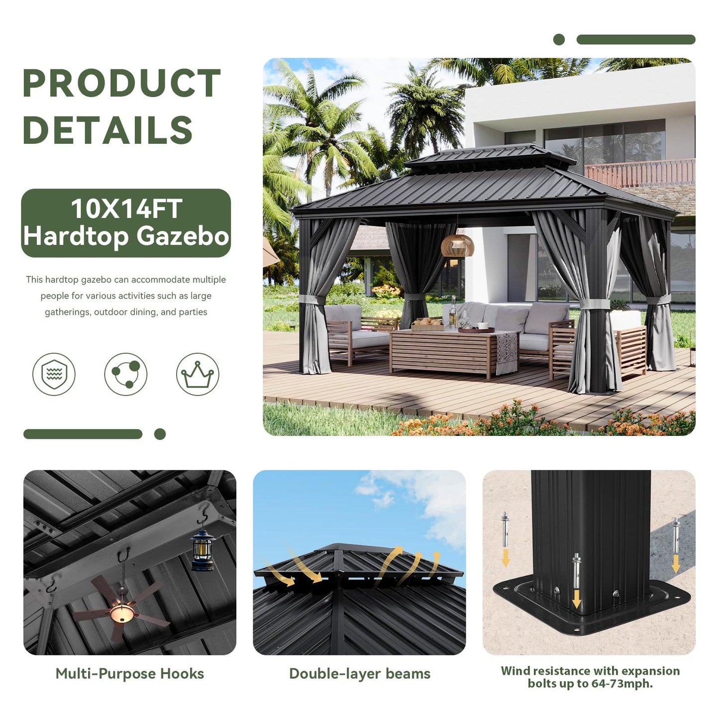 Aoxun 10' X 14' Hardtop Gazebo with Drainage System, Aluminum Outdoor Gazebo with Galvanized Steel Double Roof, Patio Permanent Metal Pavilion with Netting, for Garden, Deck, Pool, Grey