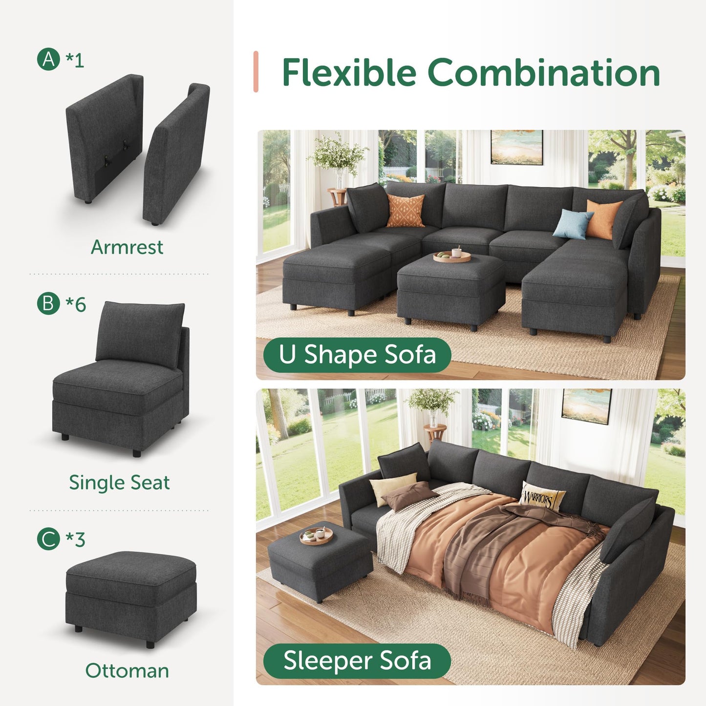 HONBAY Modular Sectional Sofa with Storage, U Shaped Couch Modular Convertible Sectional Couches for Living Room - Snowflake Velvet Grey