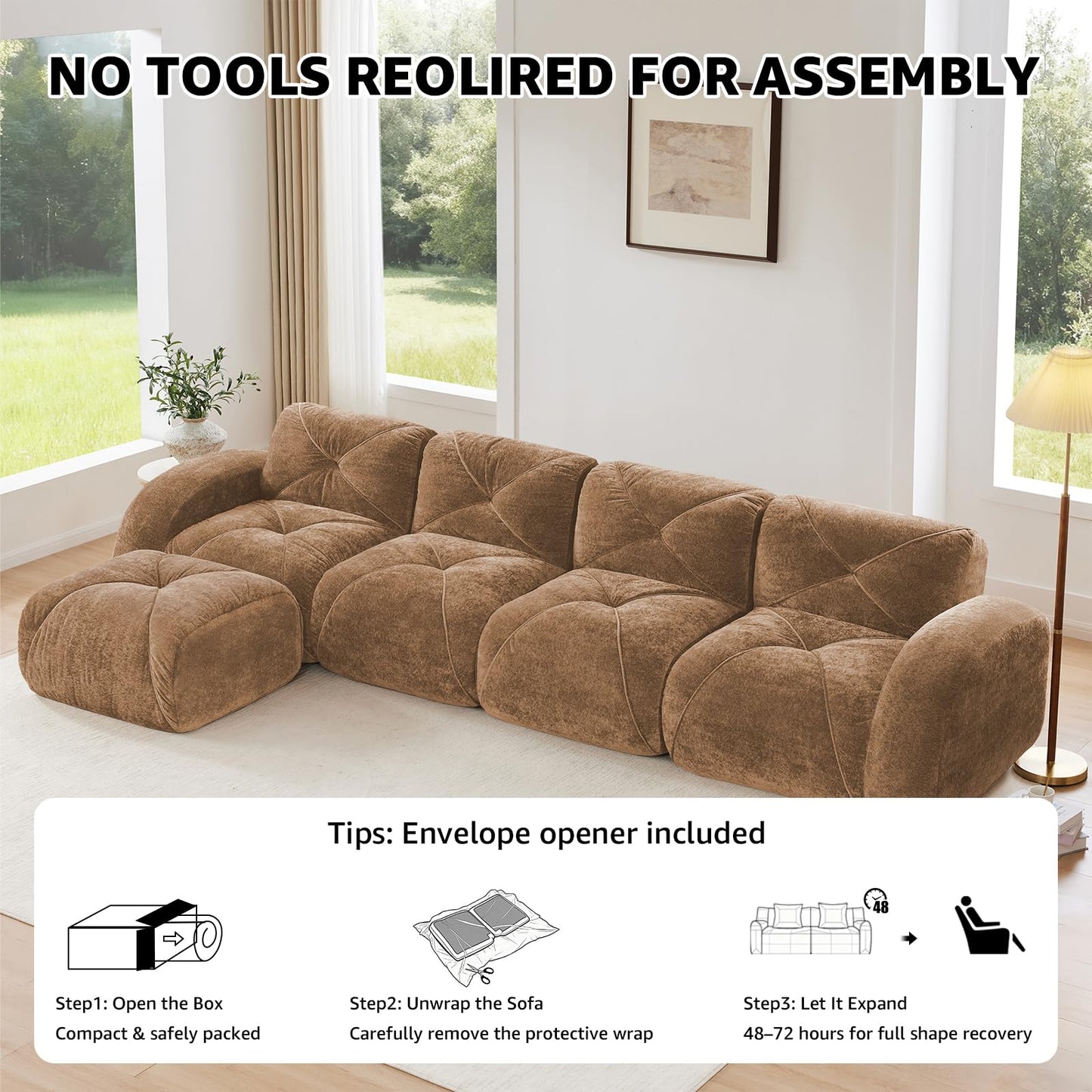 Camel L-Shaped Sectional Couches for Living Room, Velvet Fabric Boneless Couch, No Assembly Cloud Modular Sectional Sofa with 1 Ottoman, Foam Couch Compressed Sofa Set for Apartment, Sofas para Sala