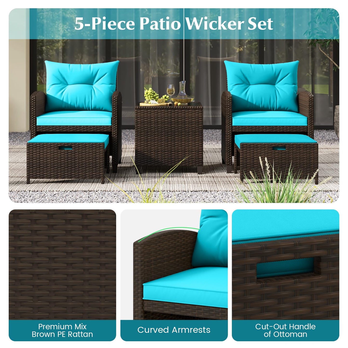 Tangkula 5 Pieces Patio Conversation Set, PE Wicker Outdoor Furniture Set with 2 Chairs, 2 Ottomans & Tempered Glass Coffee Table, Ideal for Poolside, Backyard, Lawn, Deck, Mix Brown & Turquoise