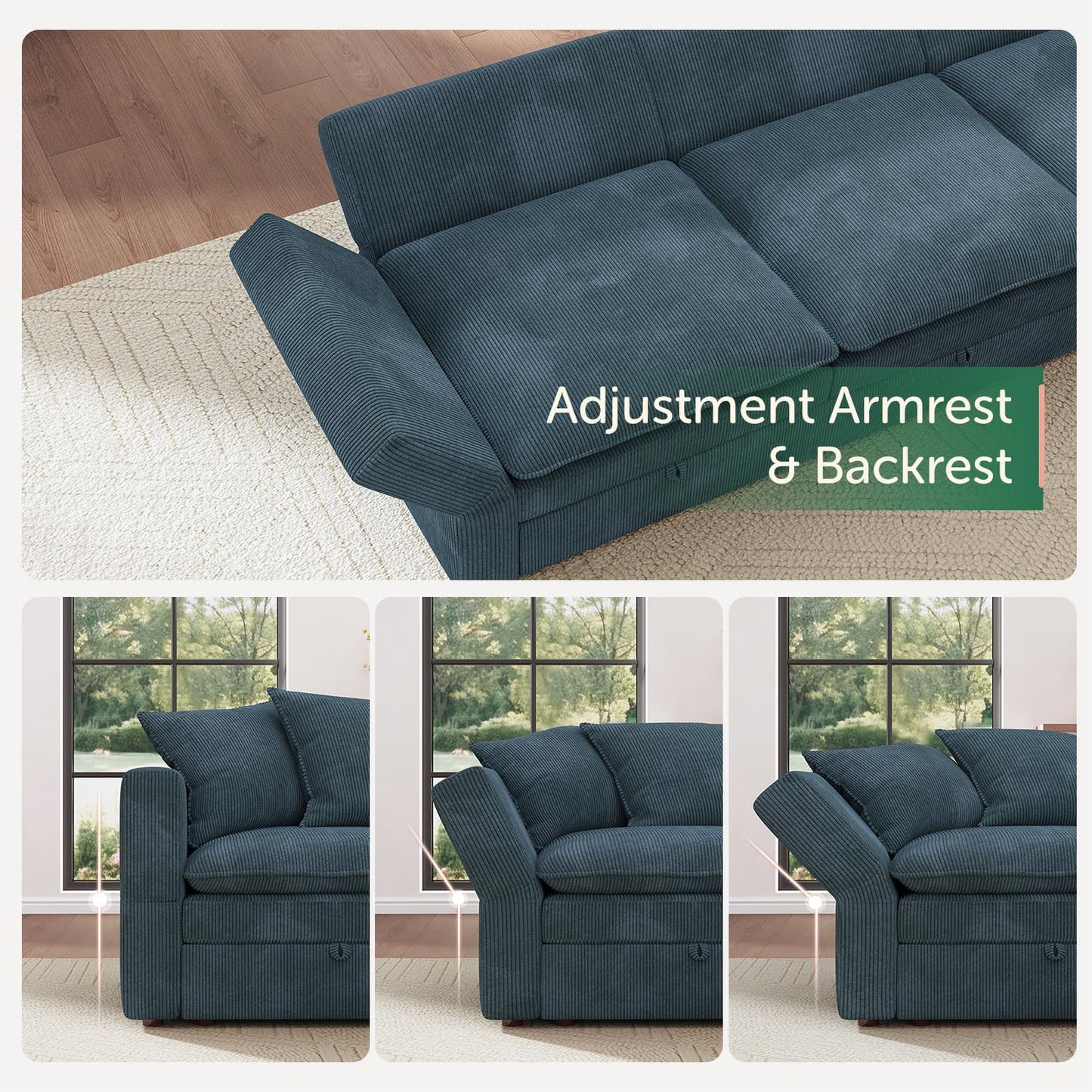 HONBAY Modular Sectional Sofa, 6 Seaters Corduroy Sectional Couchwith Ottoman, L Shaped Sofa with Storage & Pillows, Blue