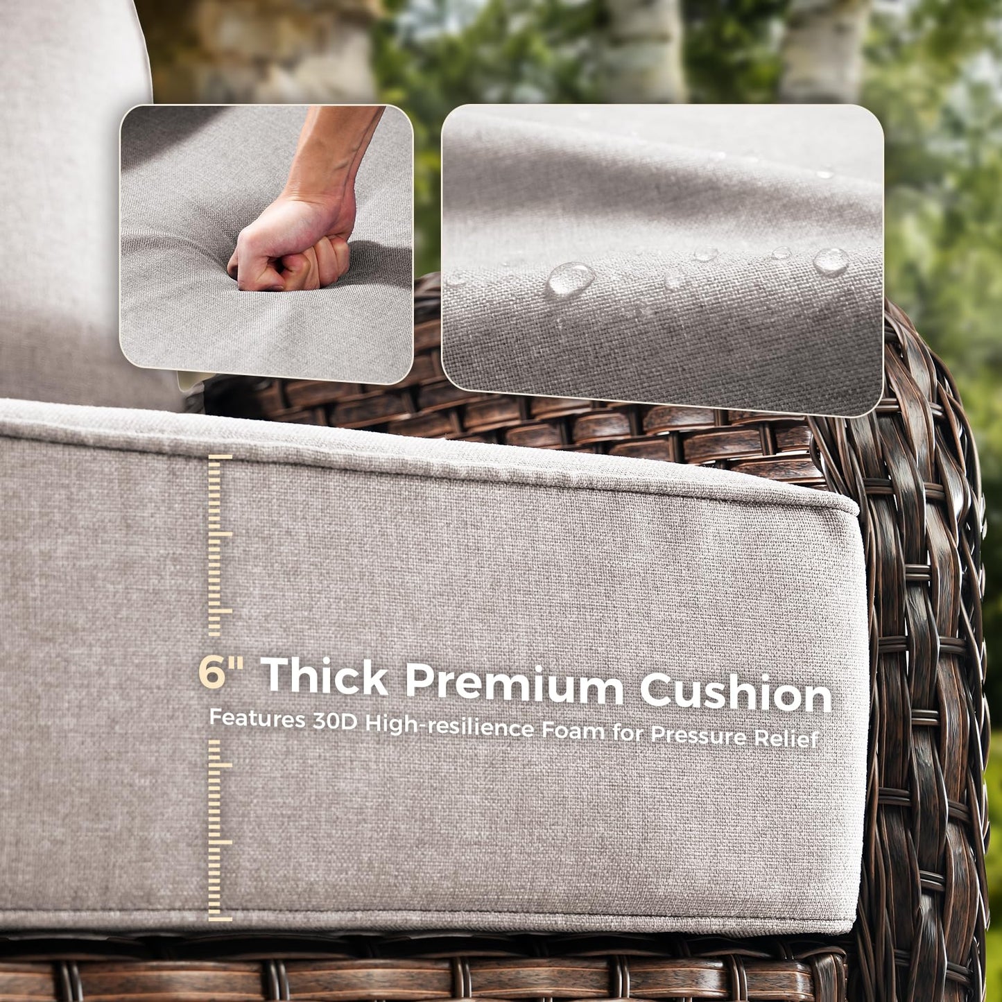 Luxury Patio Furniture Set with 6-inch Thick Cushions, Outdoor Furniture Set with High Back Swivel Chairs, 6 PCS Wicker Outdoor Conversation Set for Porch, Patio, Yard, Deck, Poolside, Brown/Beige