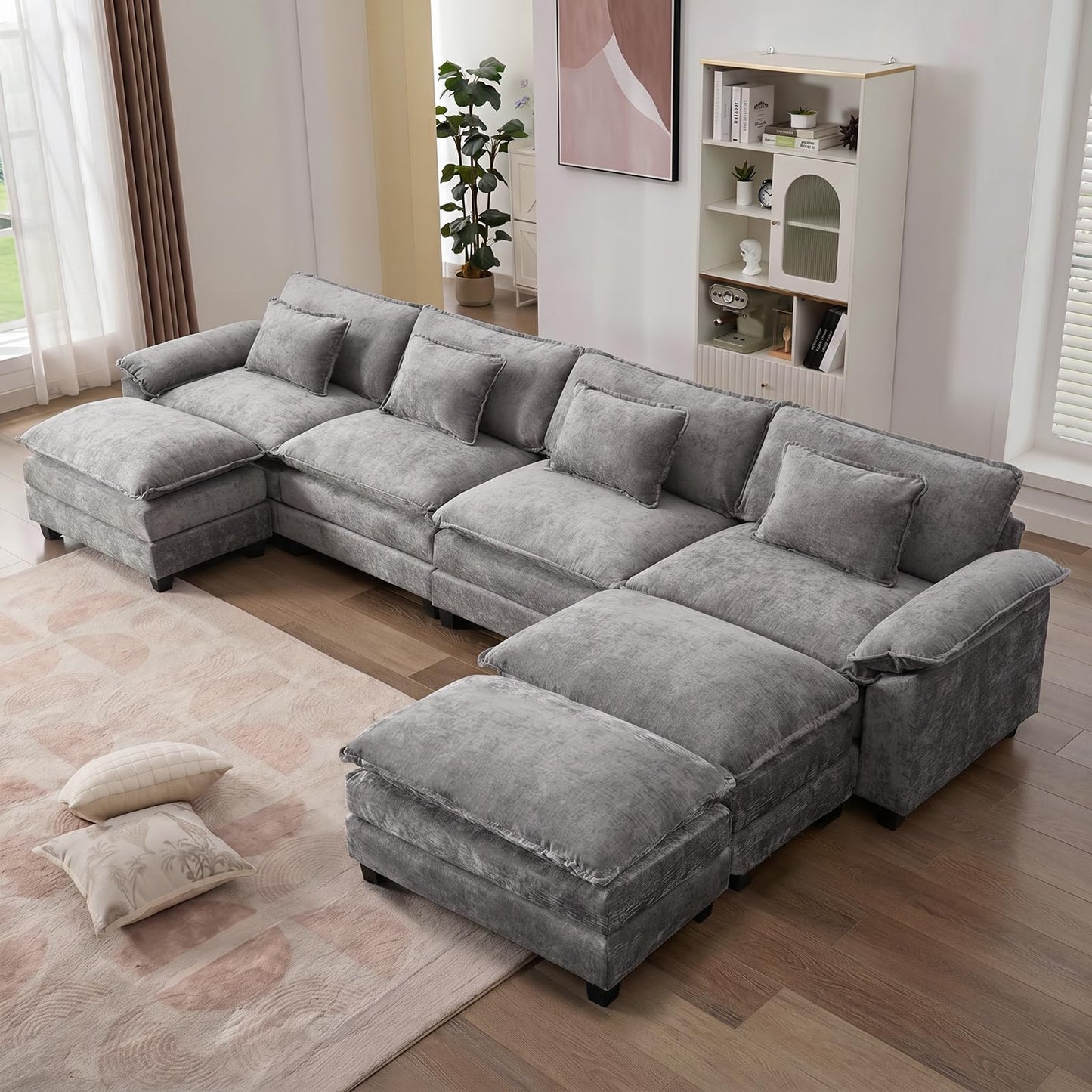IPKIG 154" Modular Sectional Sofa, Chenille C-Shaped Sectional Couch Comfy Upholstered Seat Sofa with Ottoman, Deep Seat Cloud Couch Sofa for Living Room, Light Grey