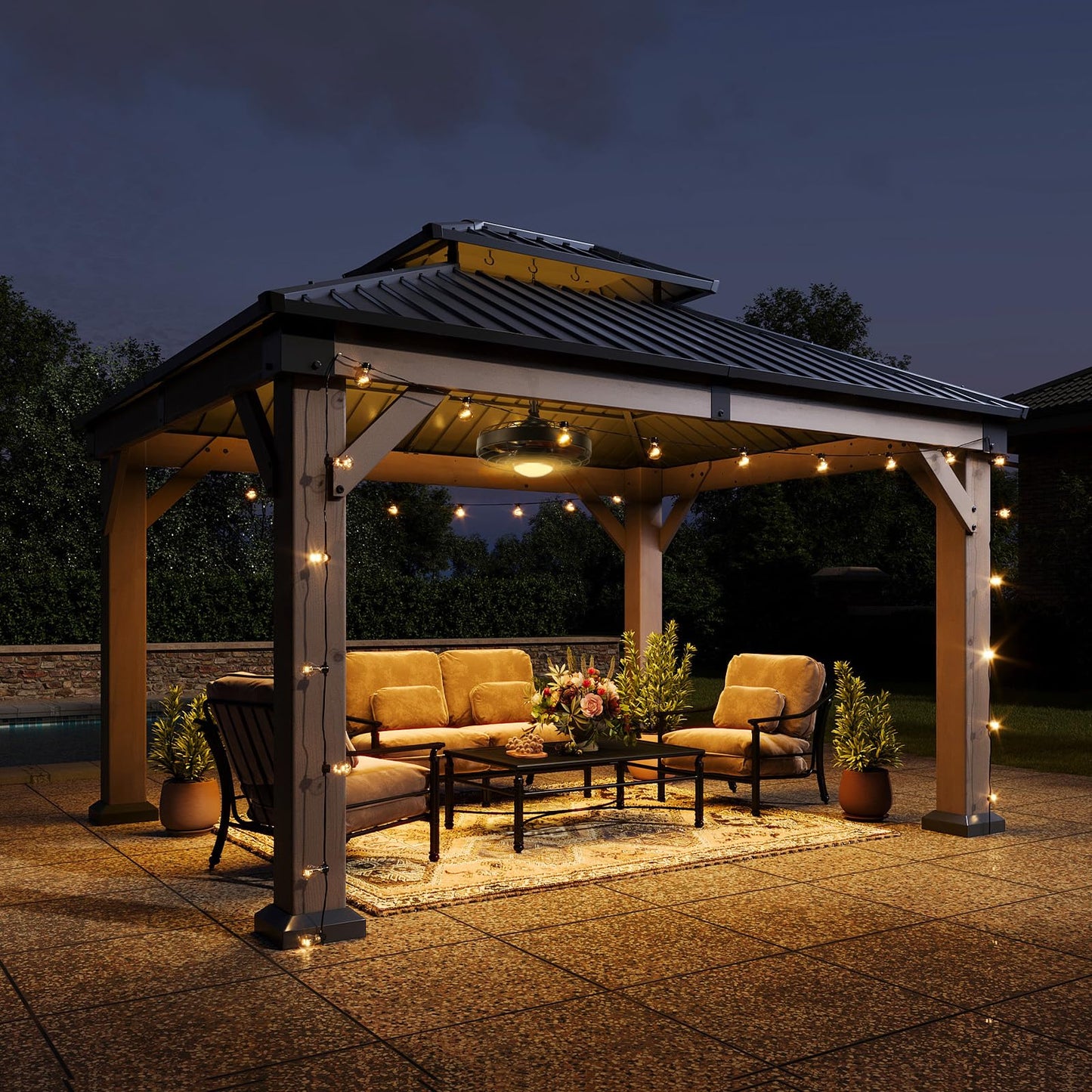 Aoxun 10' x 12' Outdoor Wood Gazebo, Hardtop Gazebo with Galvanized Steel Double Roof, Permanent Wooden Pavilion with Ceiling Fan, for Patio, Garden, Deck, Cedar Wood, Grey