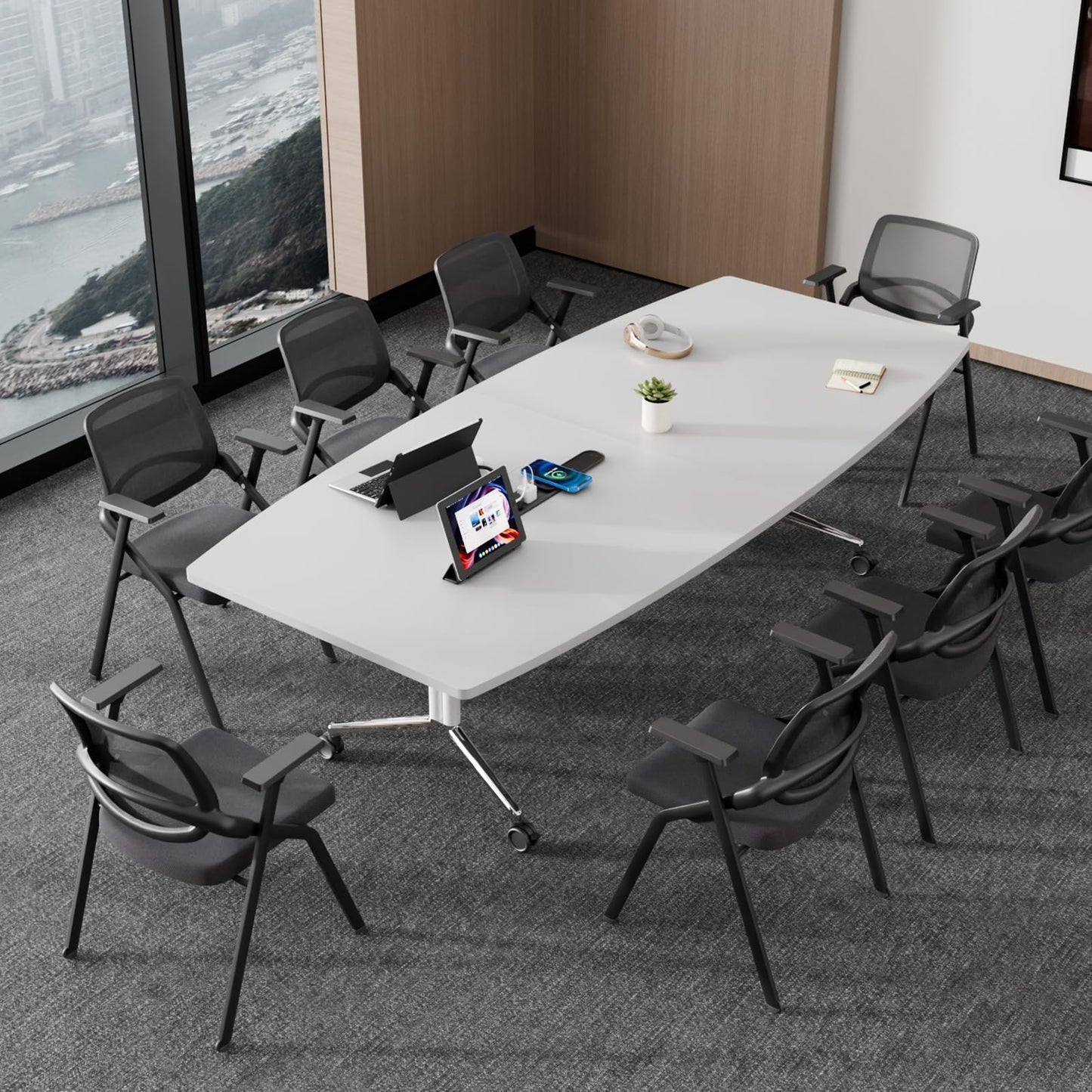 7.5 FT Large Folding Conference Table,Training Seminar Tables for 6-8 People,Built-in Wireless Charger and Power Box,Metal Legs Rolling Training Table for Office (4, White, 90.5"L×35.4“W×29.5"H)