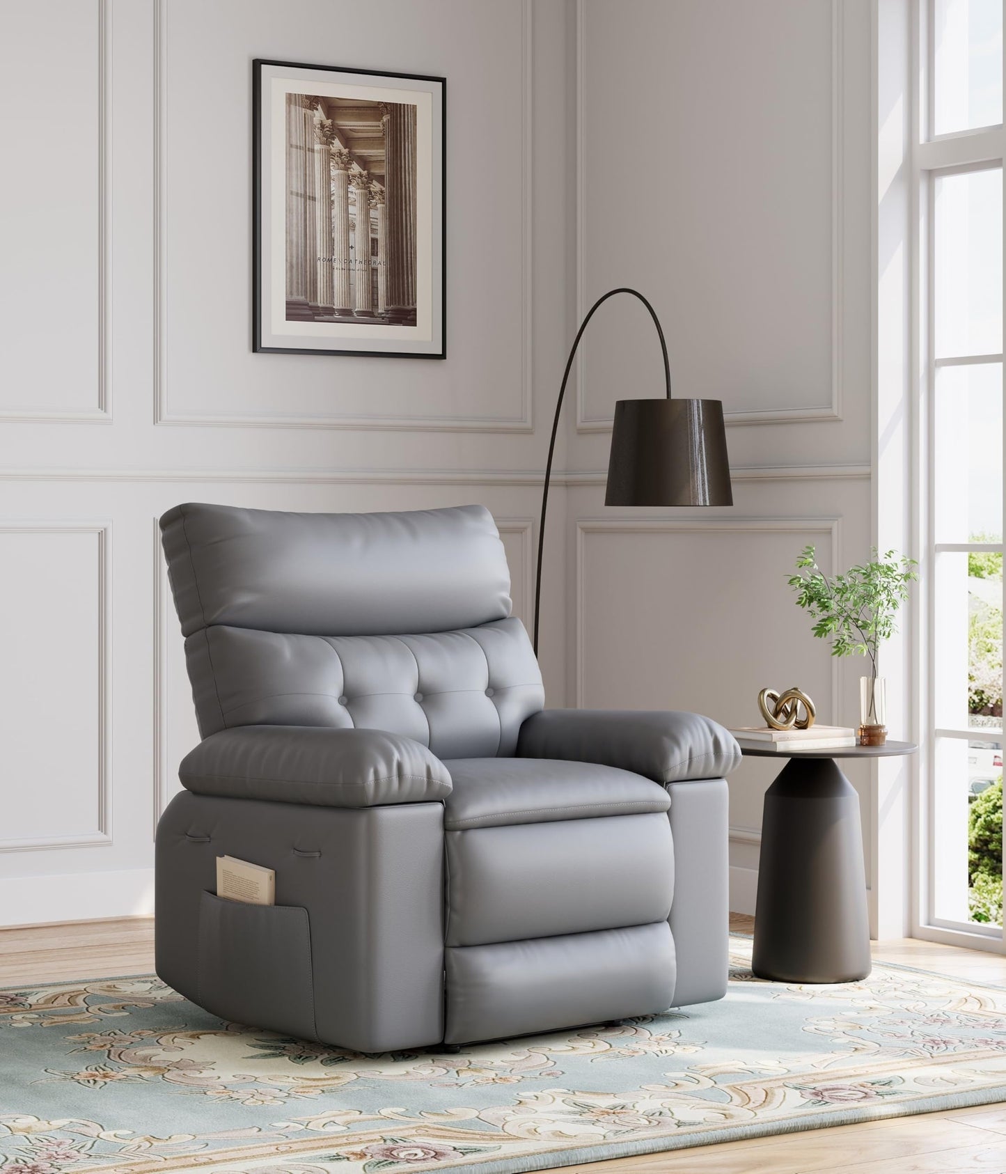 Garvee Oversized Recliner Chair - PU Leather Manual Recliner for Adults, Comfy Reclining Chair with Overstuffed Arms and Back, Side Pocket, Single Sofa for Living Room, Bedroom