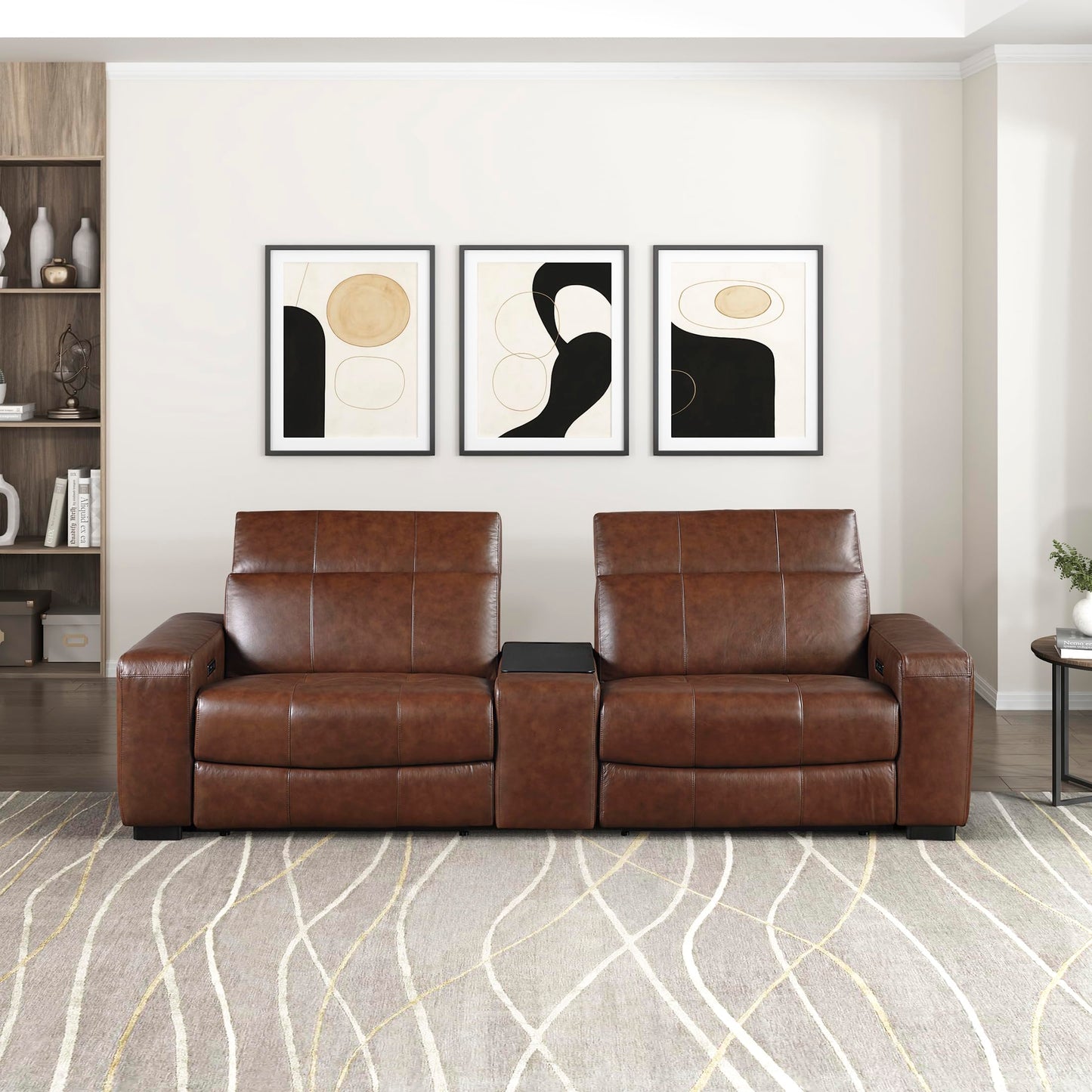 Lexicon Sectional Couches for Living Room-Modular Sectional Sofa, Power Double Reclining Loveseat with Center Console, Power Headrests, Charging Ports, Dual Cup Holders, Top Grain Leather Brown