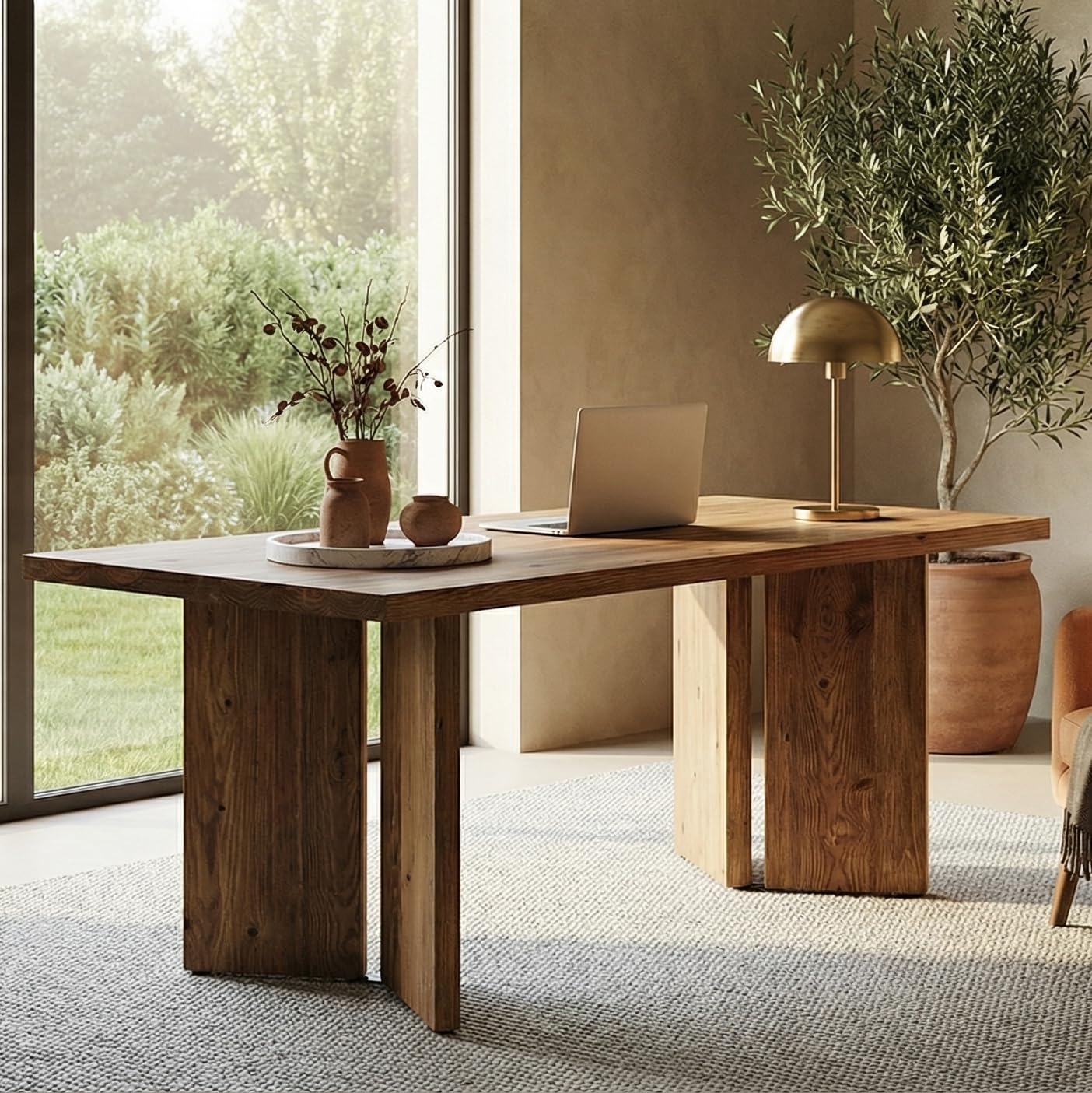 LITTLE TREE 63" Long Large Wood Desks, Solid Wood Office Desk, Farmhouse Executive Computer Desk, Home Office Workstaticon, Work Writing Table, Rustic Brown