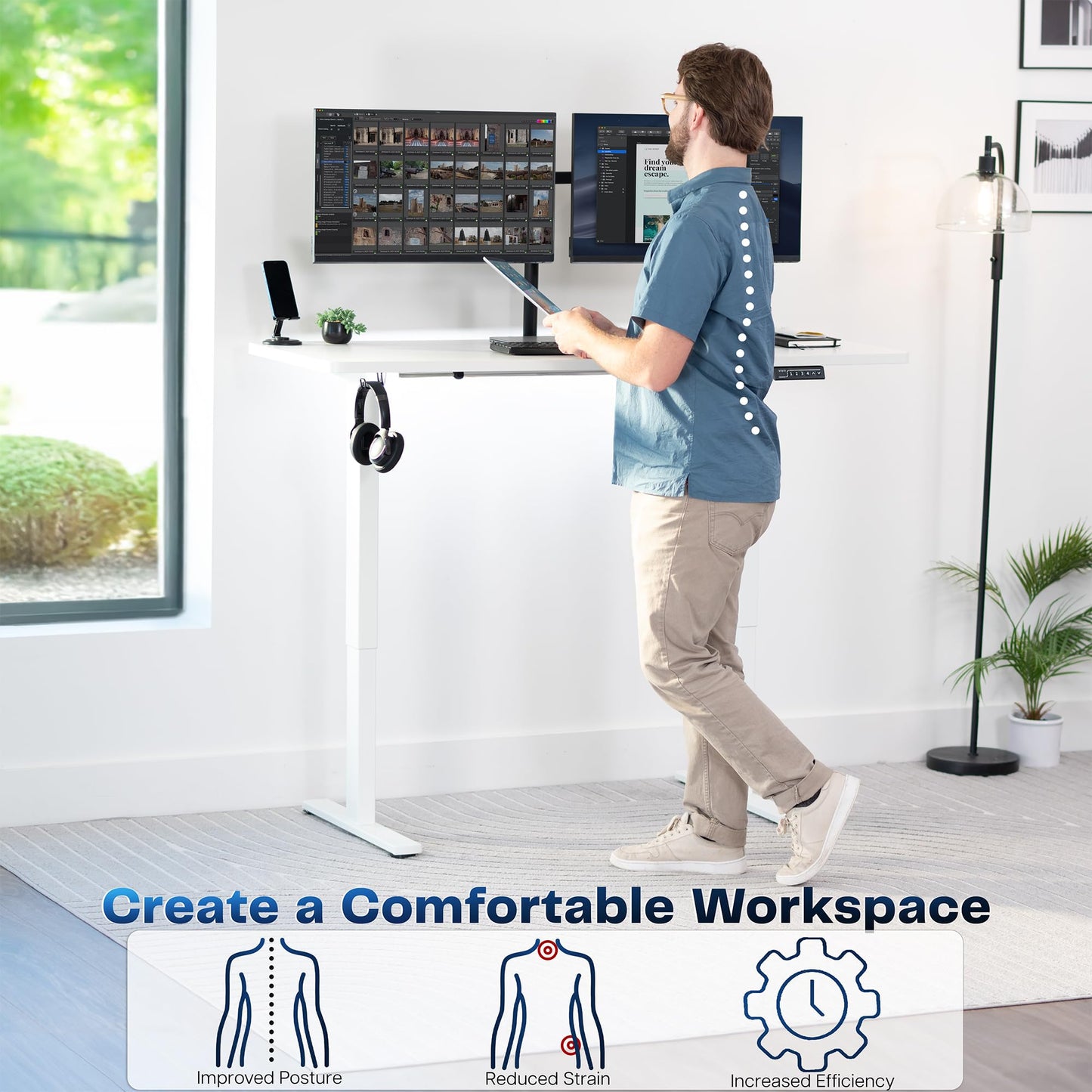 VIVO Electric 60 x 24 in Standing Desk, Memory Height Adjustment, 1B Series, Holds 220 lbs, One-Piece White Top, White Frame, DESK-KIT-1W6W
