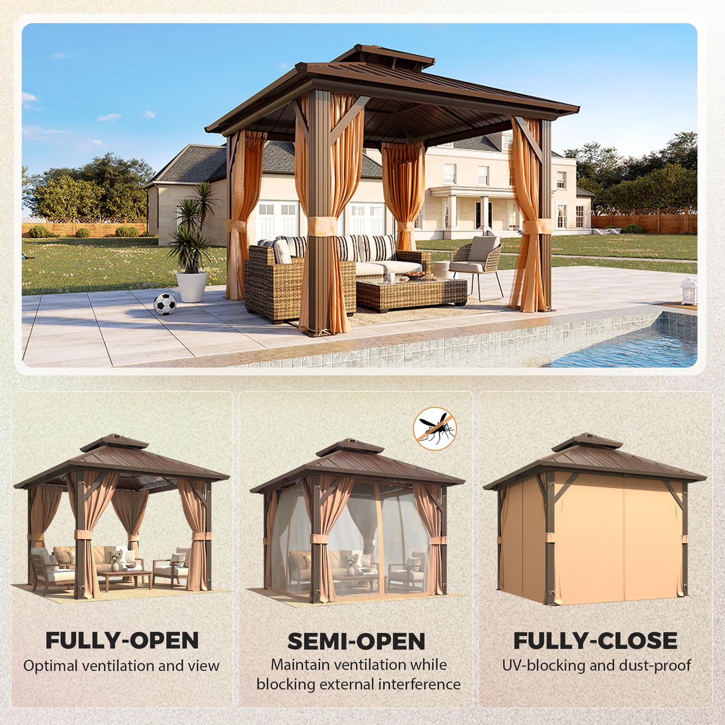 YOLENY 10' x 10' Hardtop Gazebo, Metal Gazebo with Aluminum Frame, Double Galvanized Steel Roof, Curtains and Netting Included, Pergolas for Patios, Garden, Parties, Lawns