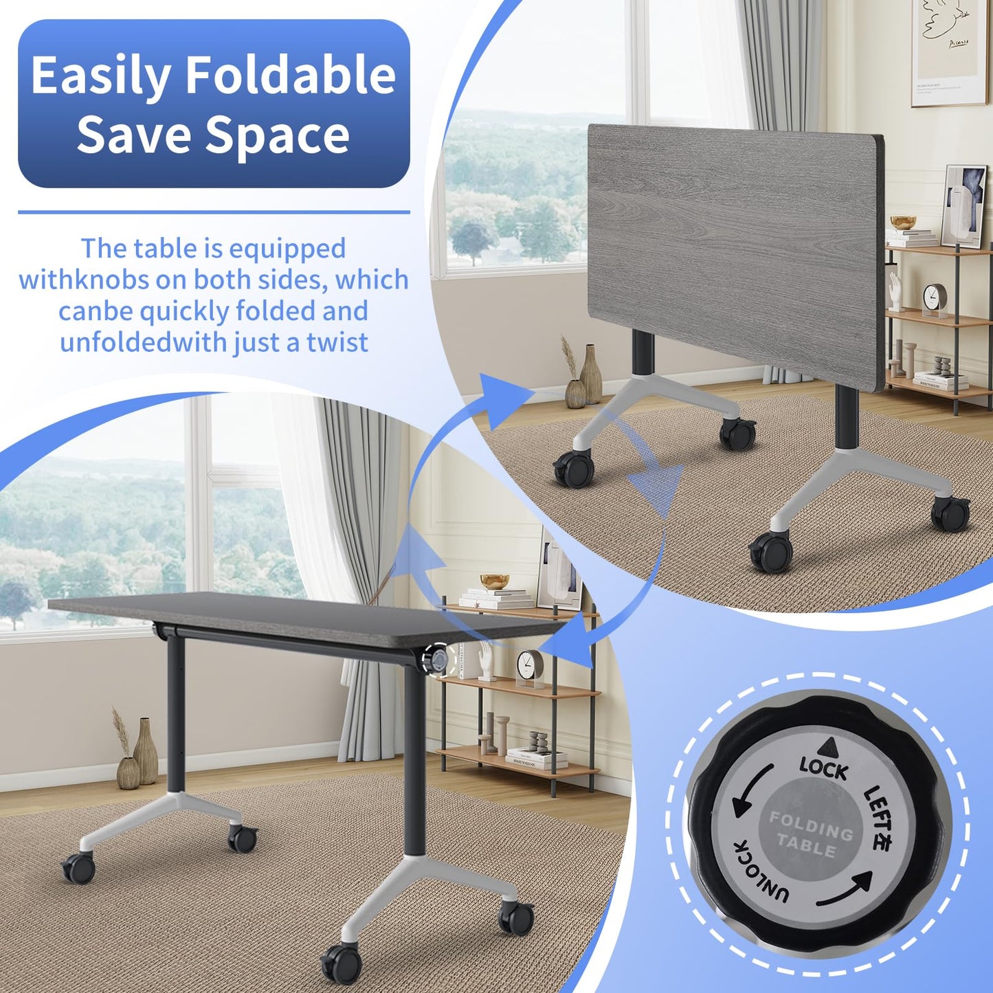 ZanyCajole Conference Room Table, Folding Conference Table with Silent Wheels, Modular Flip Top Mobile Training Tables for Office, Training Room, Meeting Rooms, School, 2-16 Person (4, Grey, 55.1in)