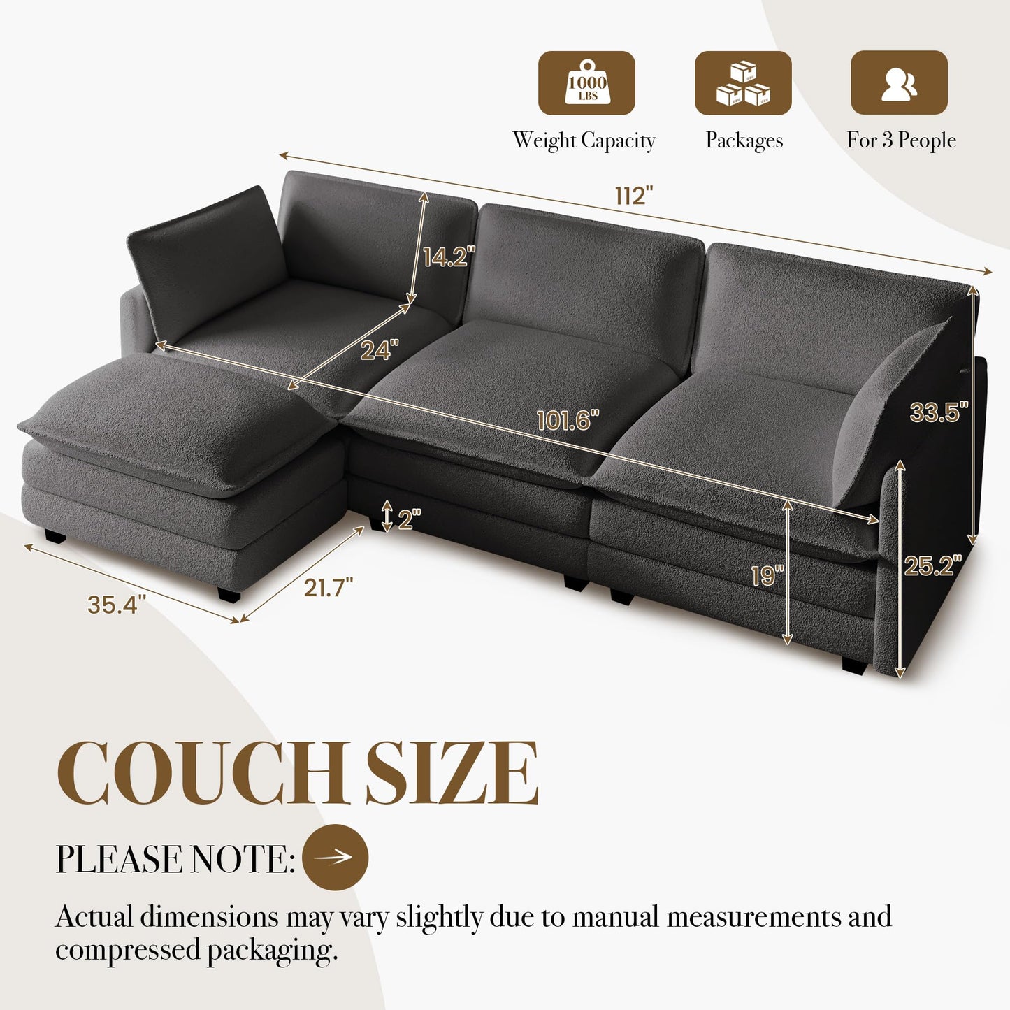 ROWHY 112'' Sectional Cloud Couch with Movable Ottoman, 4 Seat Modern Chenille Modular Sofa with 2 Throw Pillows, Deep Seat L Shaped Couch for Living Room Bedroom Apartment, Dark Grey