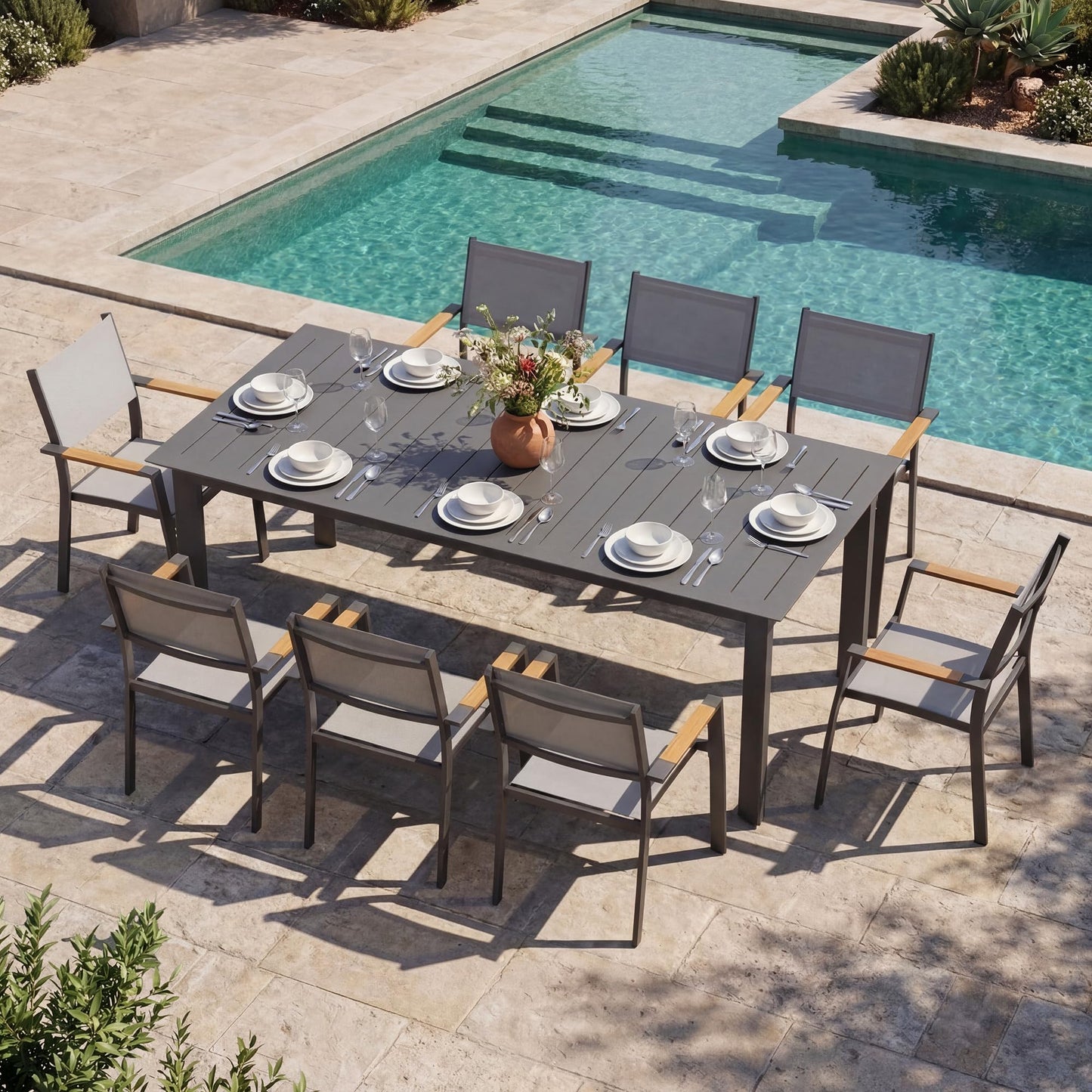 Wisteria Lane 13 Piece Aluminum Outdoor Dining Sets with 3-Adjustable Length Dining Table, 121" L×39.4" W Expandable Patio Table and Chairs Set for 12, Stackable Chairs with Quick Drying Fabric, Grey