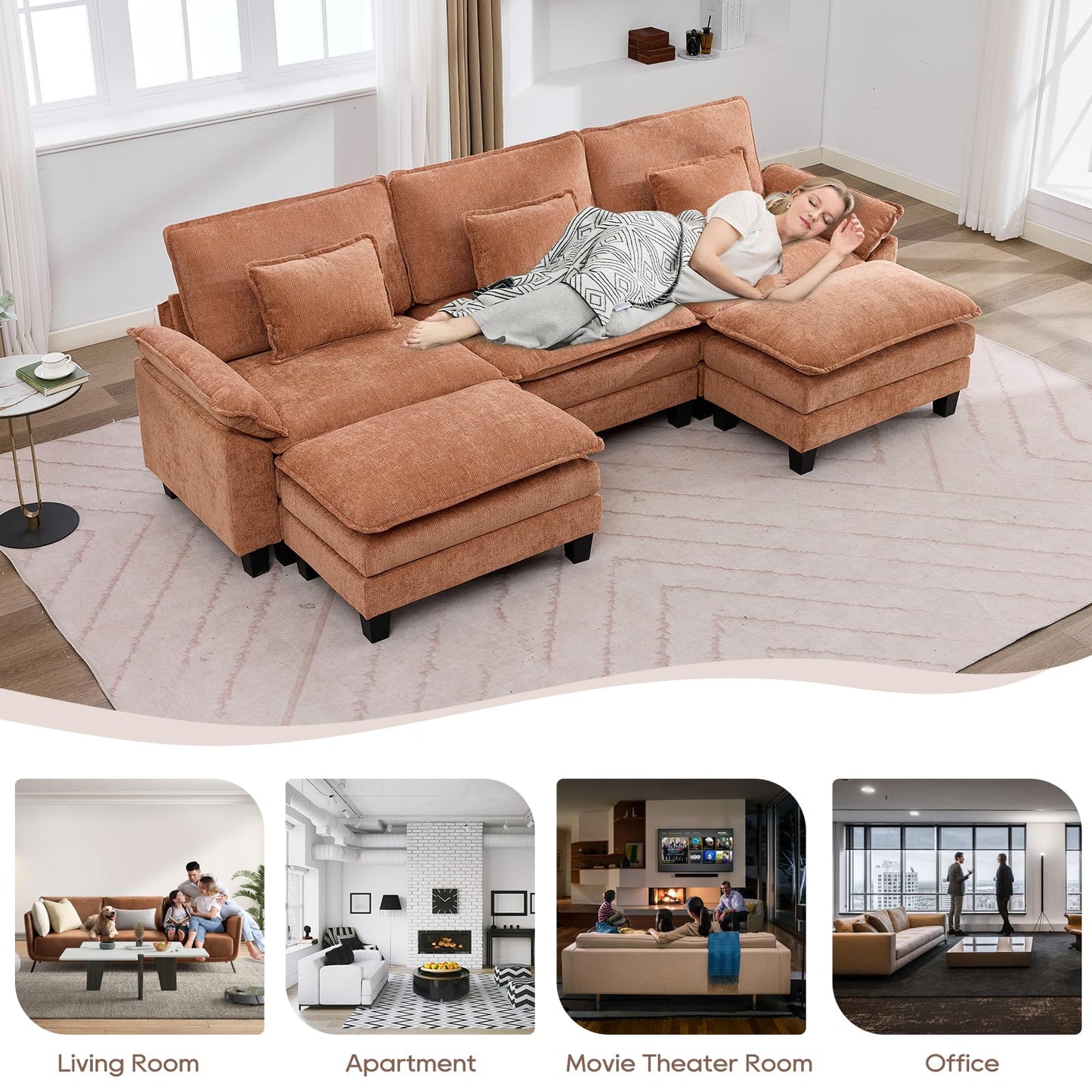 IPKIG 117" Modular Sectional Sofa, Chenille U-Shaped Sectional Couch Comfy Upholstered 3 Seat Sofa with 2 Ottoman, Deep Seat Cloud Couch Sofa for Living Room, Orange