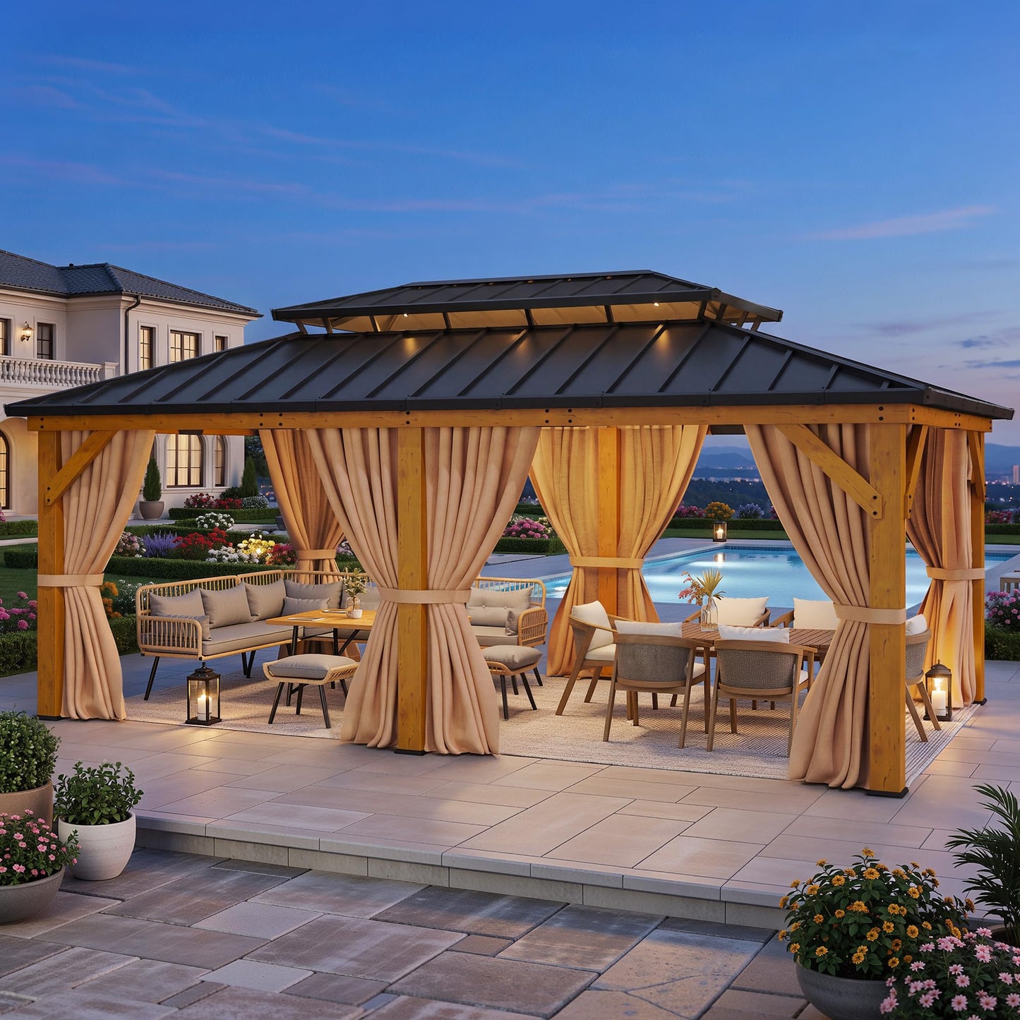 YITAHOME 12x20 Wood Gazebo Hardtop with Steel Roof, Heavy Duty Double Roof Galvanized Steel Gazebo with Nettings and Curtains, Outdoor Wood Frame Gazebo for Patio, Backyard, Deck, Lawns