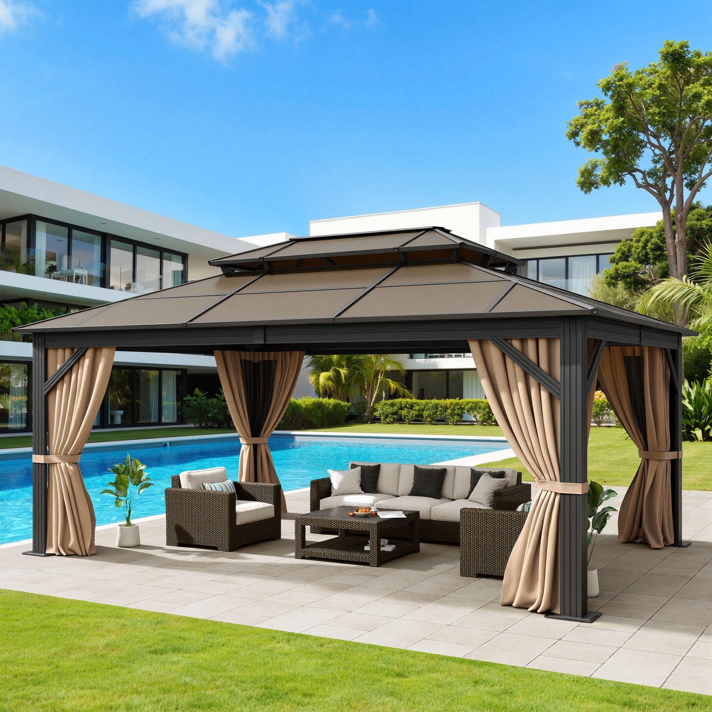 DWVO 12x16ft Gazebo Hardtop Double Roof Polycarbonate Canopy Outdoor with Netting and Shaded Curtains, Metal Frame Garden Tent for Patio, Backyard, Deck and Lawns, Brown