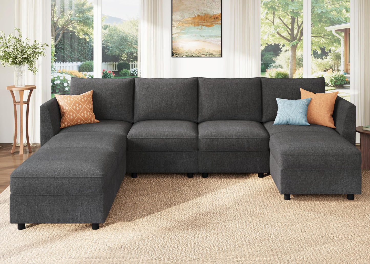 HONBAY Modular Sofa U Shaped Sectional Couch with Storage, Convertible Modular Sofa 7 Seats Sectional for Living Room - Snowflake Velvet Grey
