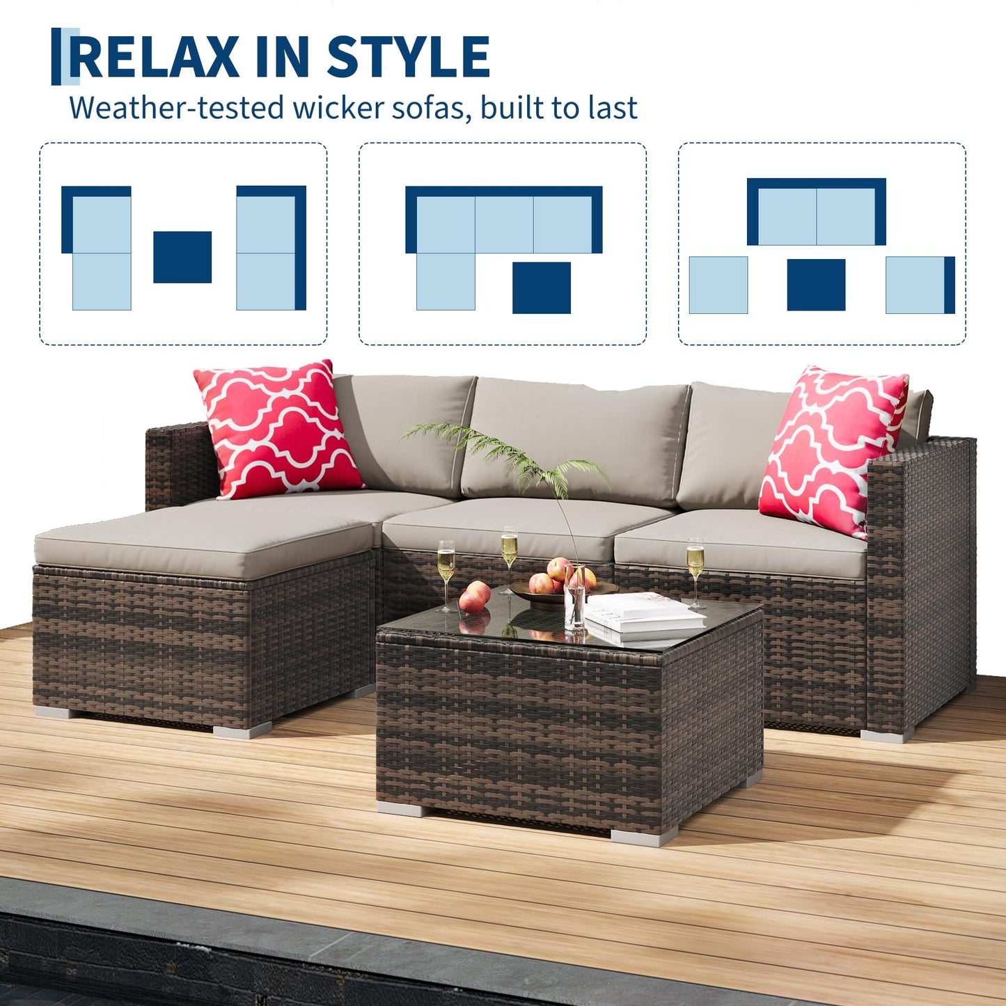 GAOMON 5-Piece All-Weather Patio Furniture Set, Convertible Outdoor Sectional Sofa with Ottoman & Tempered Glass Table, PE Rattan Conversation Set for Garden, Backyard, Porch, Poolside