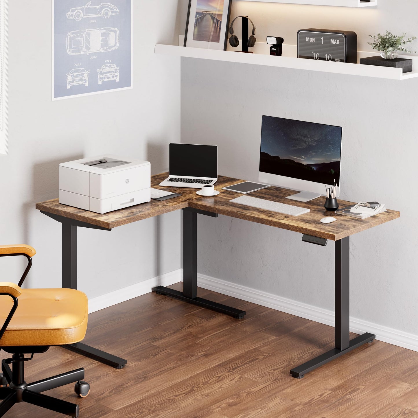 FLEXISPOT L Shaped Standing Desk, 63 x 47 Inch Electric Height Adjustable Corner Desk, Sit Stand Computer Workstation, Preset Controller, Home Office, Black Frame with Rustic Brown Top