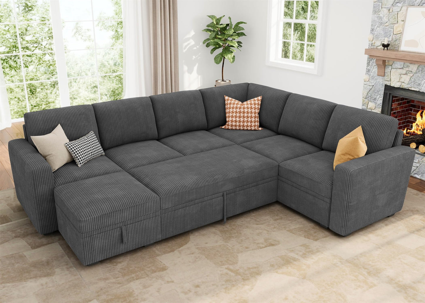 HONBAY Modular Sectional Couch with Pull Out Bed, Corduroy Sleeper Sofa with Storage Ottoman, U Shaped Sectional Couches for Living Room, Dark Grey
