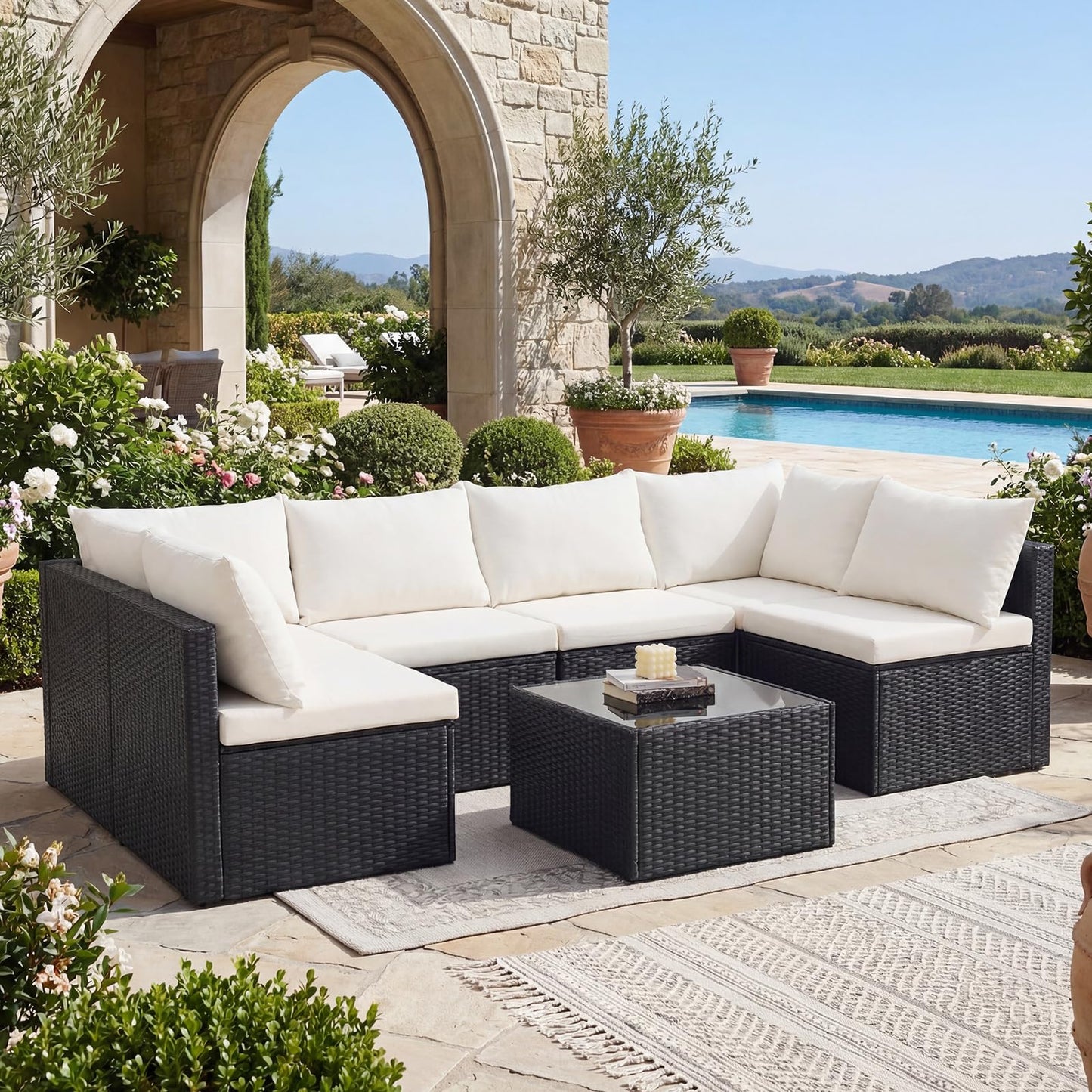 Sweetcrispy 7-Piece Outdoor Patio Sectional Sofa, Modular PE Wicker Outdoor Sectional with Thick Cushions, Rattan Patio Sofa Set with Coffee Table for Backyard, Poolside, Garden, Deck, Black