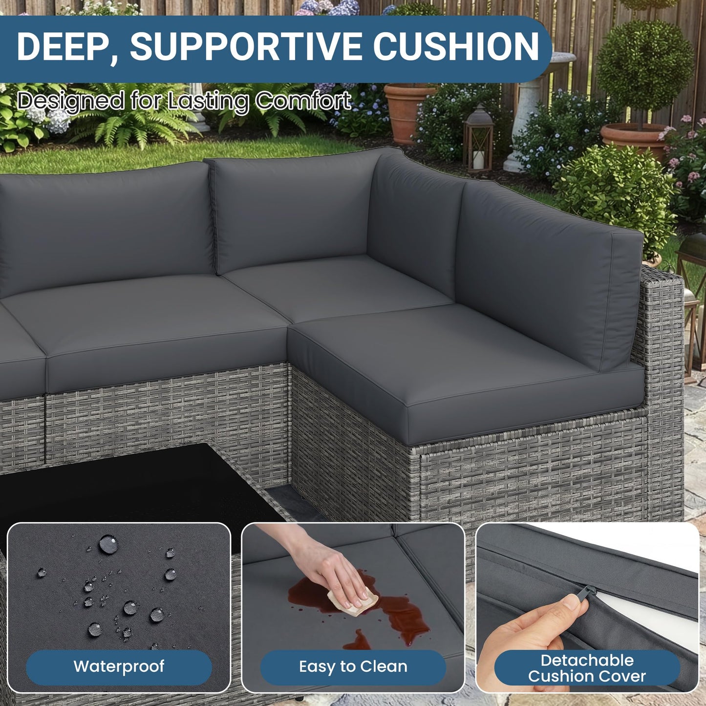Wisteria Lane 7 Pieces Outdoor Patio Furniture Set, Wicker Outdoor Patio Sectional Sofas with Coffee Table, All-Weather Patio Conversation Set for Garden Backyard, Grey