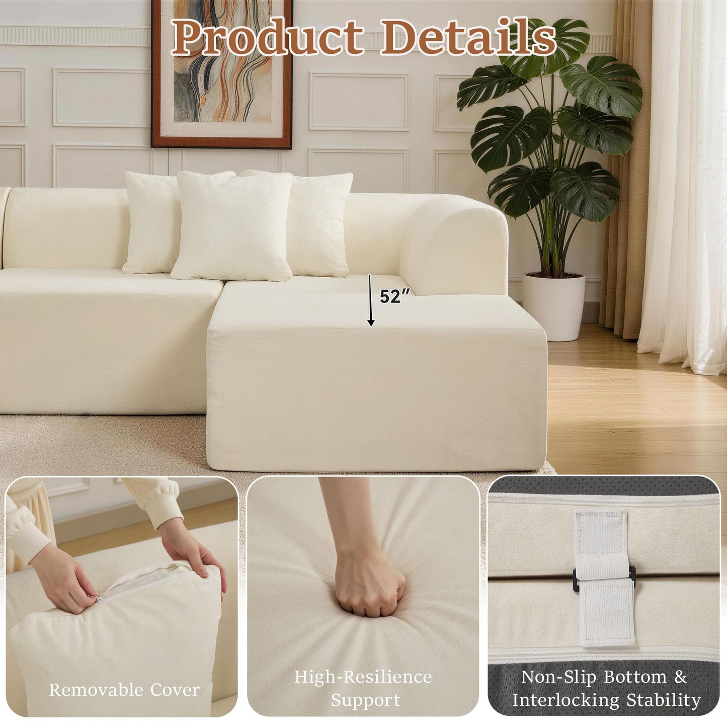 CACFTII 140" Oversized Boneless Couch, Curved Cloud Sectional Couch with L-Shape Chaise, Compressed Memory Foam Couch, Velvet Modular Sectional Sofa for Living Room, No Assembly Required, White