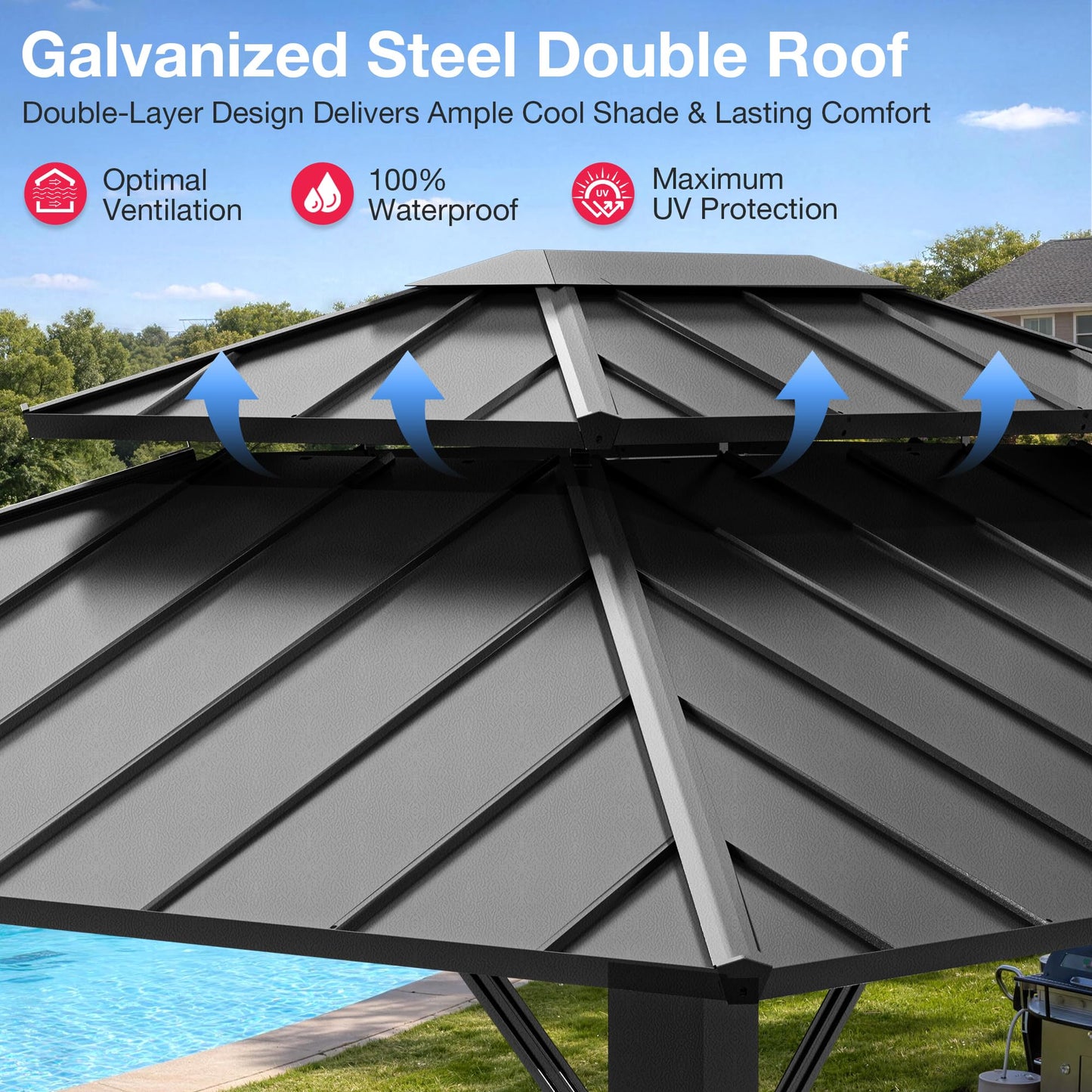 PAMAPIC 10x12FT Hardtop Gazebo,Galvanized Steel Double Roof with Aluminum Frame,Outdoor Permanent Pavilion with Breathable Netting & Privacy Curtain for Patio,Backyard,Deck,Lawn,Gray