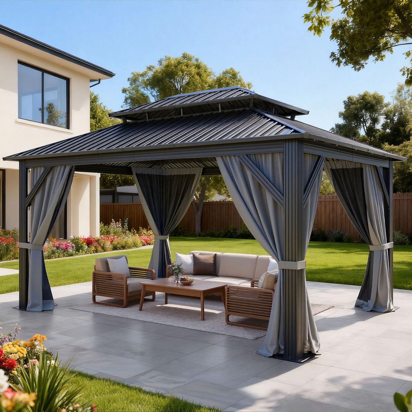 DWVO 12x16ft Hardtop Gazebo Double Roof with Nettings and Curtains, Heavy Duty Galvanized Steel Outdoor Vertical Stripes Roof for Patio, Backyard, Deck, Lawns, Gray
