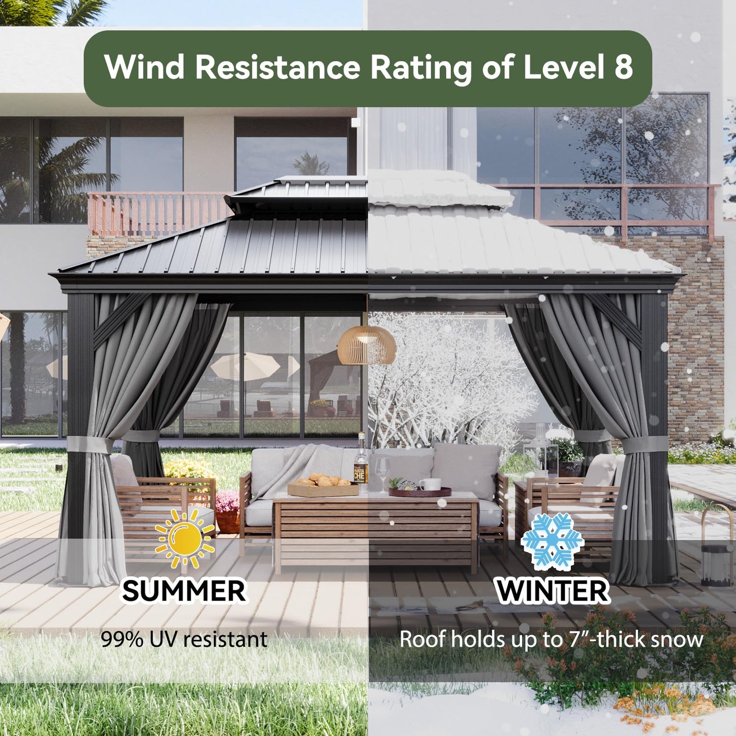 Aoxun 10' X 14' Hardtop Gazebo with Drainage System, Aluminum Outdoor Gazebo with Galvanized Steel Double Roof, Patio Permanent Metal Pavilion with Netting, for Garden, Deck, Pool, Grey
