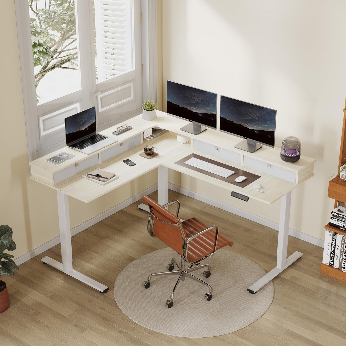 FLEXISPOT 63" L Shaped Standing Desk with Shelf Electric Corner Table, Drawers, Adjustable Computer Workstation for Home, Office, 63x55in, Light Maple Top + White Frame