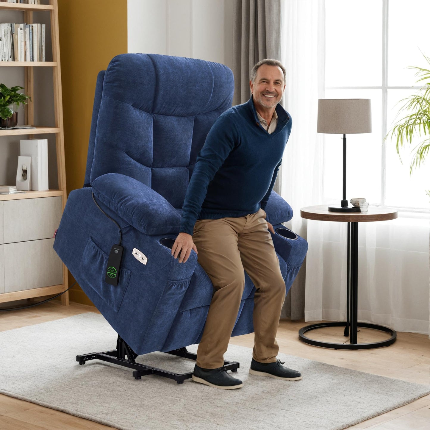 MCombo Power Lift Recliner Chair with Extended Footrest for Elderly People, Fabric 7287 (Navy Blue, Medium)