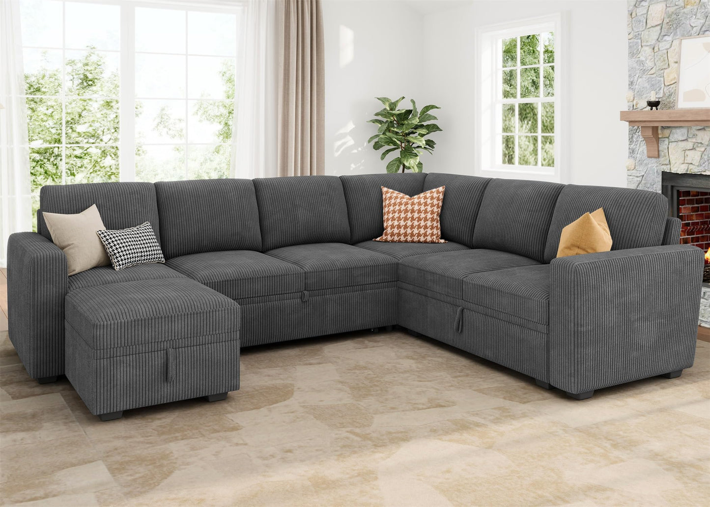 HONBAY Modular Sectional Couch with Pull Out Bed, Corduroy Sleeper Sofa with Storage Ottoman, U Shaped Sectional Couches for Living Room, Dark Grey
