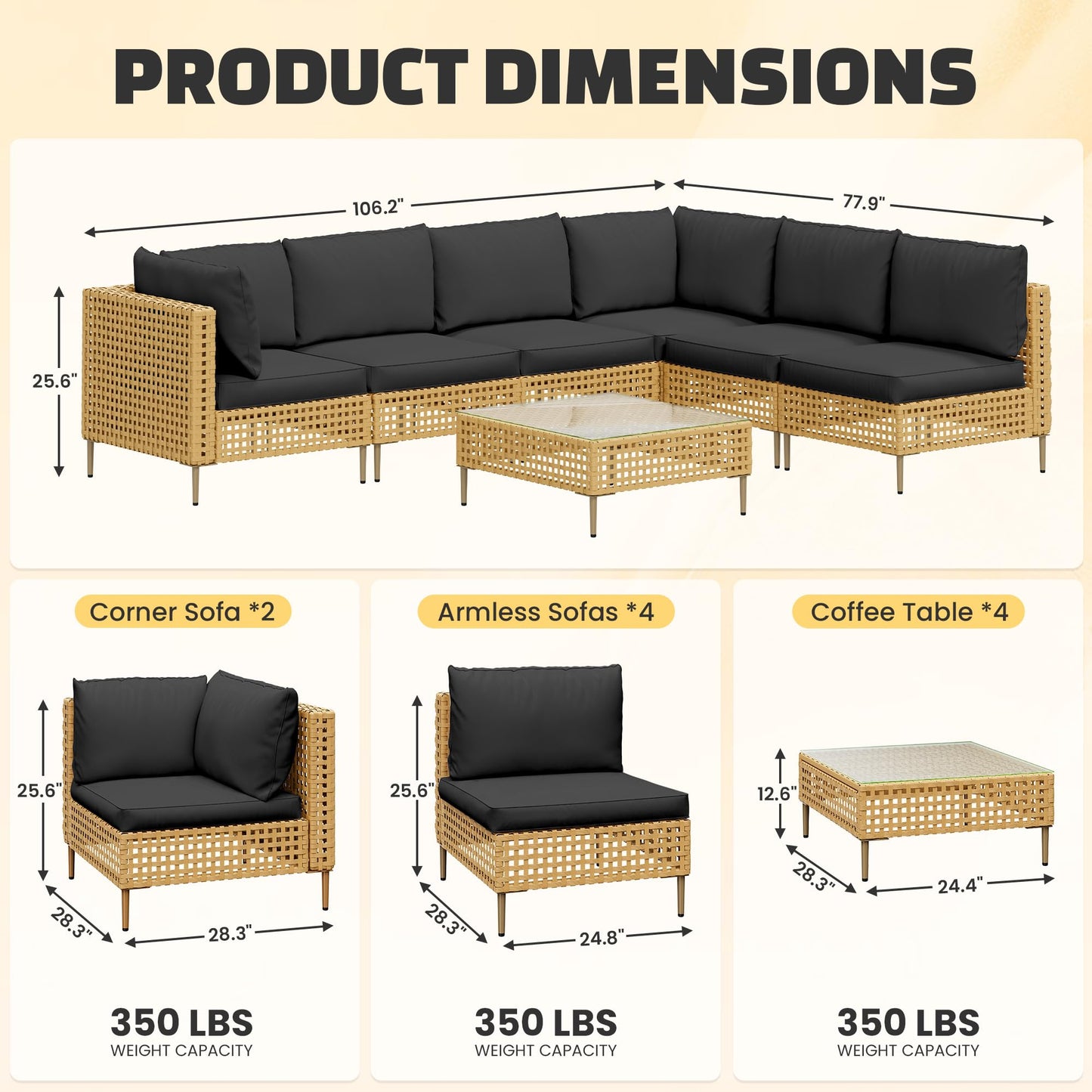 LHBcraft 7-Piece Wicker Outdoor Patio Furniture Set, Modular Rattan Outdoor Furniture, Patio Conversation Sets, Handmade Rattan, Water Resistant Fluffy Cushions and Coffee Table, Black